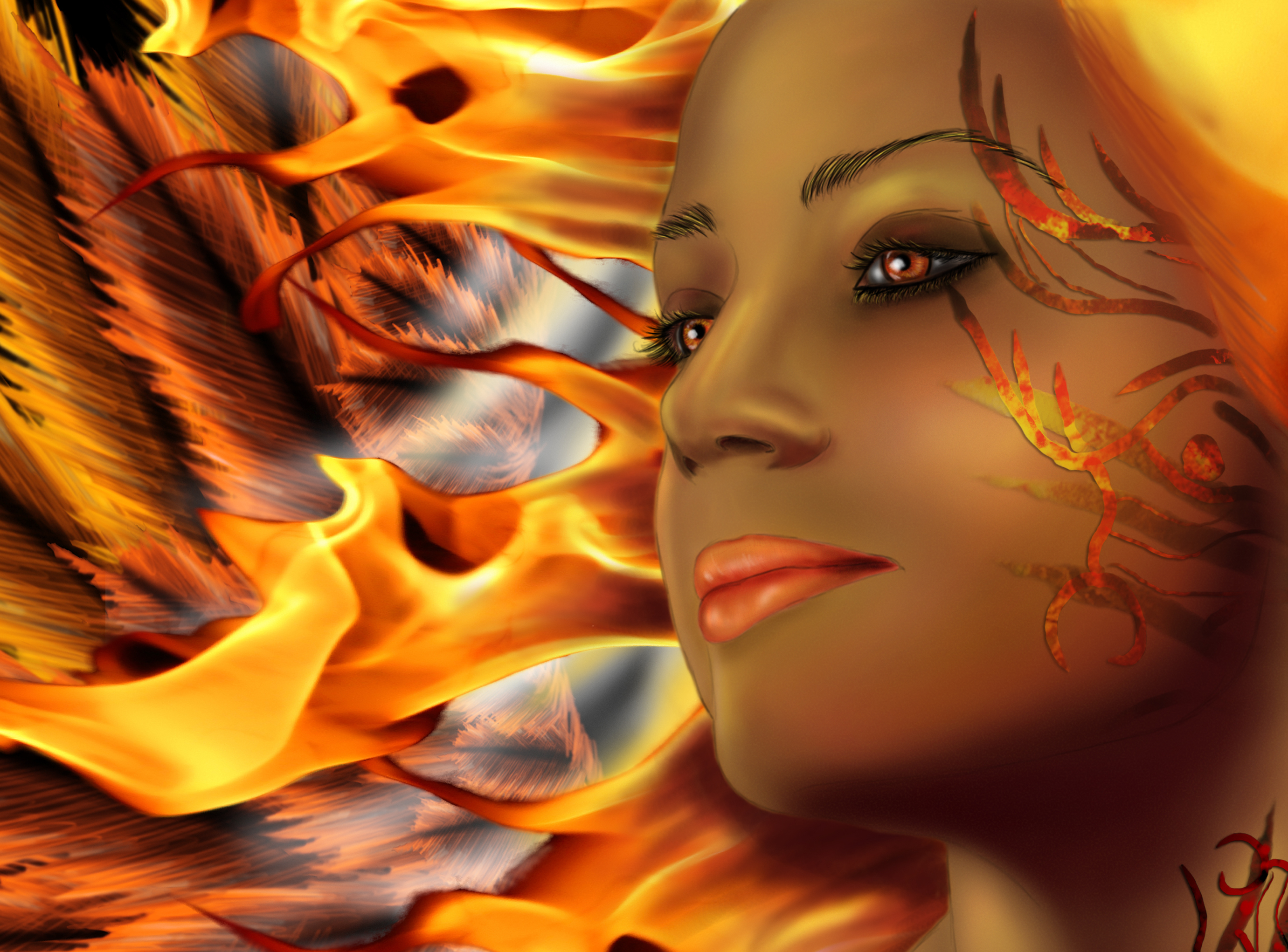 Mobile wallpaper: Fantasy, Fire, Colors, Face, Women, Orange Eyes, 750052 download the picture for free