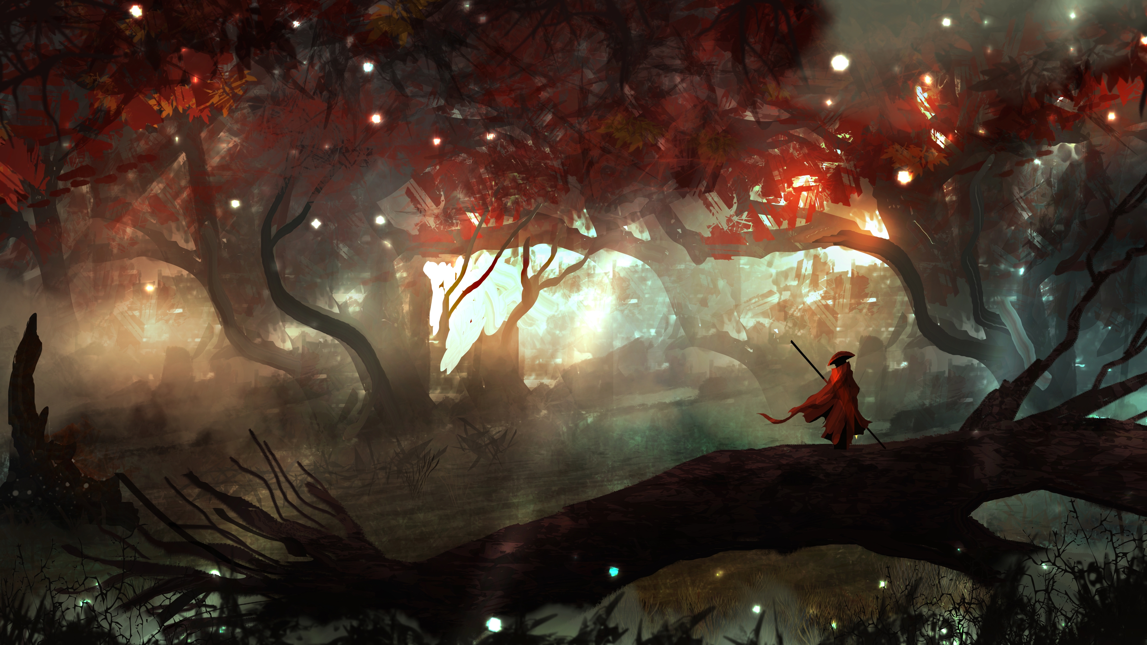forest, fantasy, autumn, orange, tacosauceninja, firefly, man, night, luminos