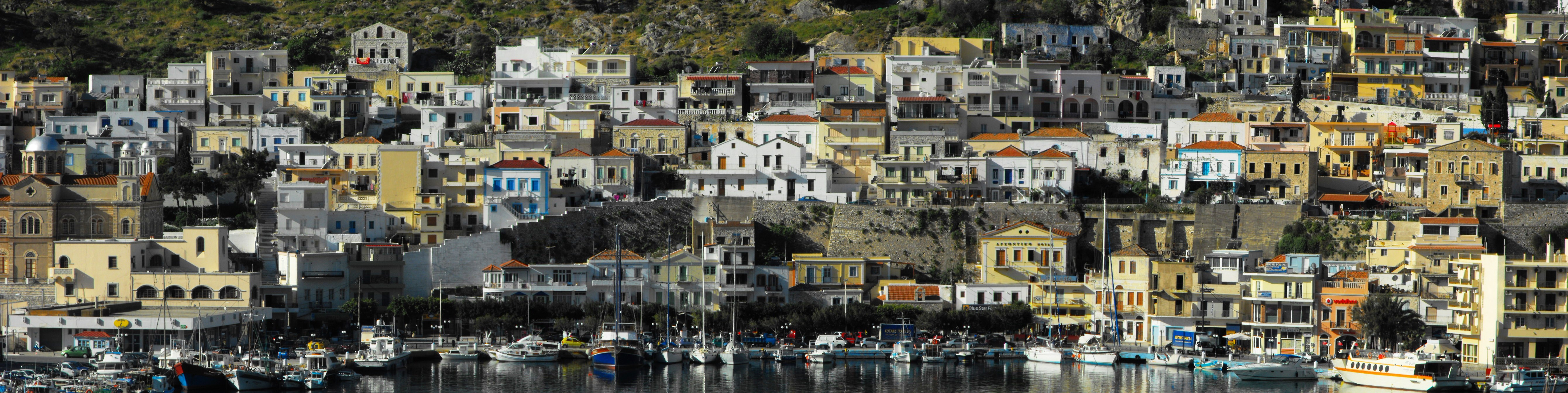 Wallpaper, houses, panorama, island, Greece, kalymnos, dodecanese 5360x1344