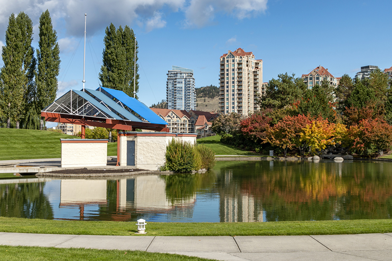 Desktop Wallpaper Canada Kelowna Autumn Pond Cities Building