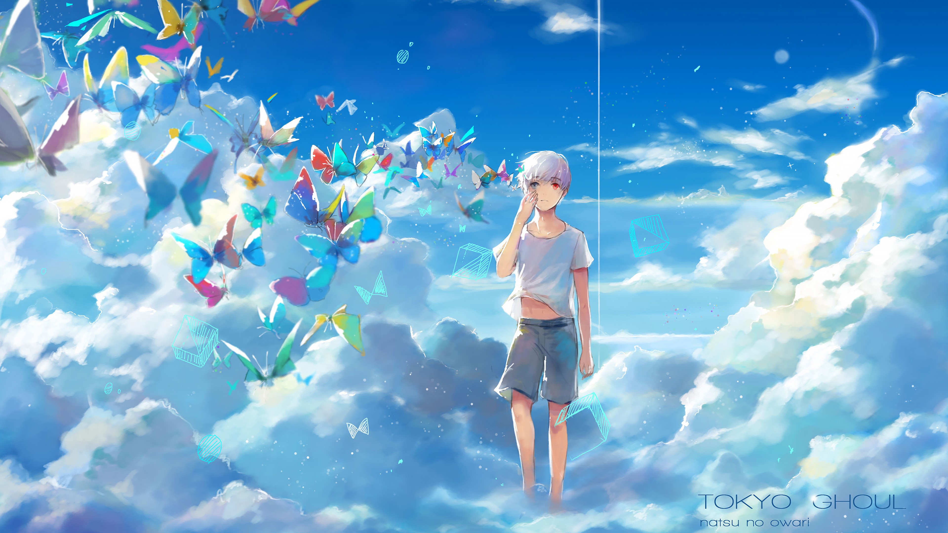 anime, Kaneki Ken, anime boys, Tokyo Ghoul, heterochromia, butterfly, sky, clouds Gallery HD Wallpaper