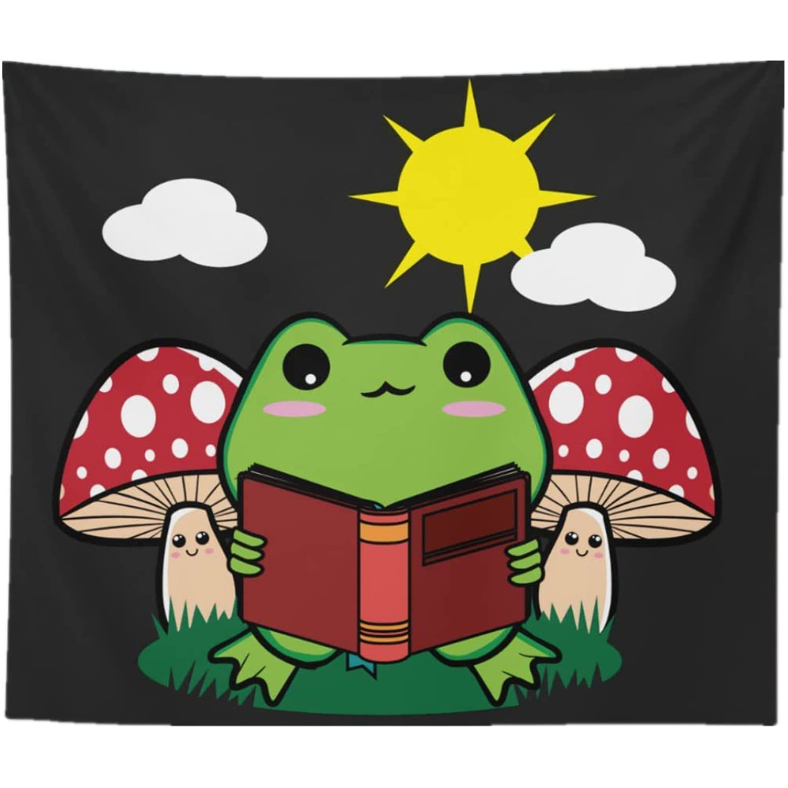 DYRLHZ Green Frog Reading tapestry Sun and Cloud Wall Hanging Tapestry Cute Mushroom Tapestry, Funny Frog Reading on a Plain Black Background, for Teen Bedroom Aesthetic Wall Decor (51 x 59)