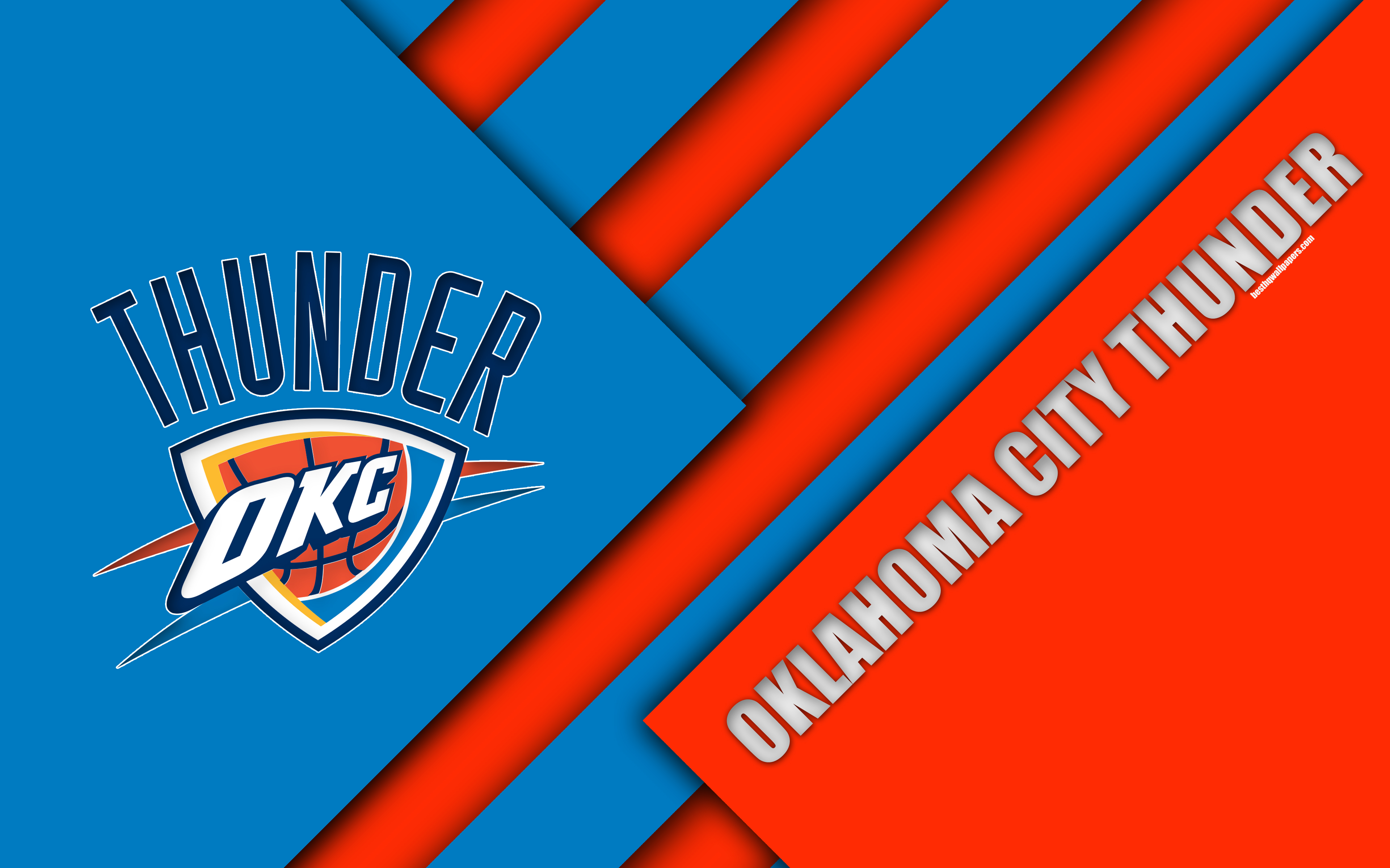 Download wallpaper Oklahoma City Thunder, NBA, 4k, logo, material design, American basketball club, Orange blue abstraction, Oklahoma City, Oklahoma, USA, basketball for desktop with resolution 3840x2400. High Quality HD picture wallpaper