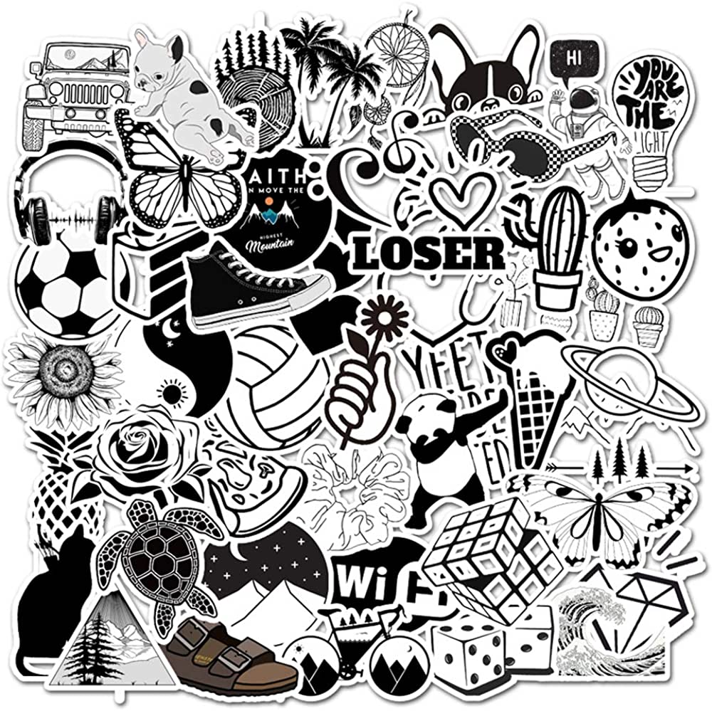 Vsco Water Bottle Laptop Stickers, Big 50 Pack Cute Cartoon Aesthetic Trendy Stickers For Teens, Girls, Kids Perfect For Waterbottle Laptop Phone Travel Extra Durable 100% Vinyl (Black & White)