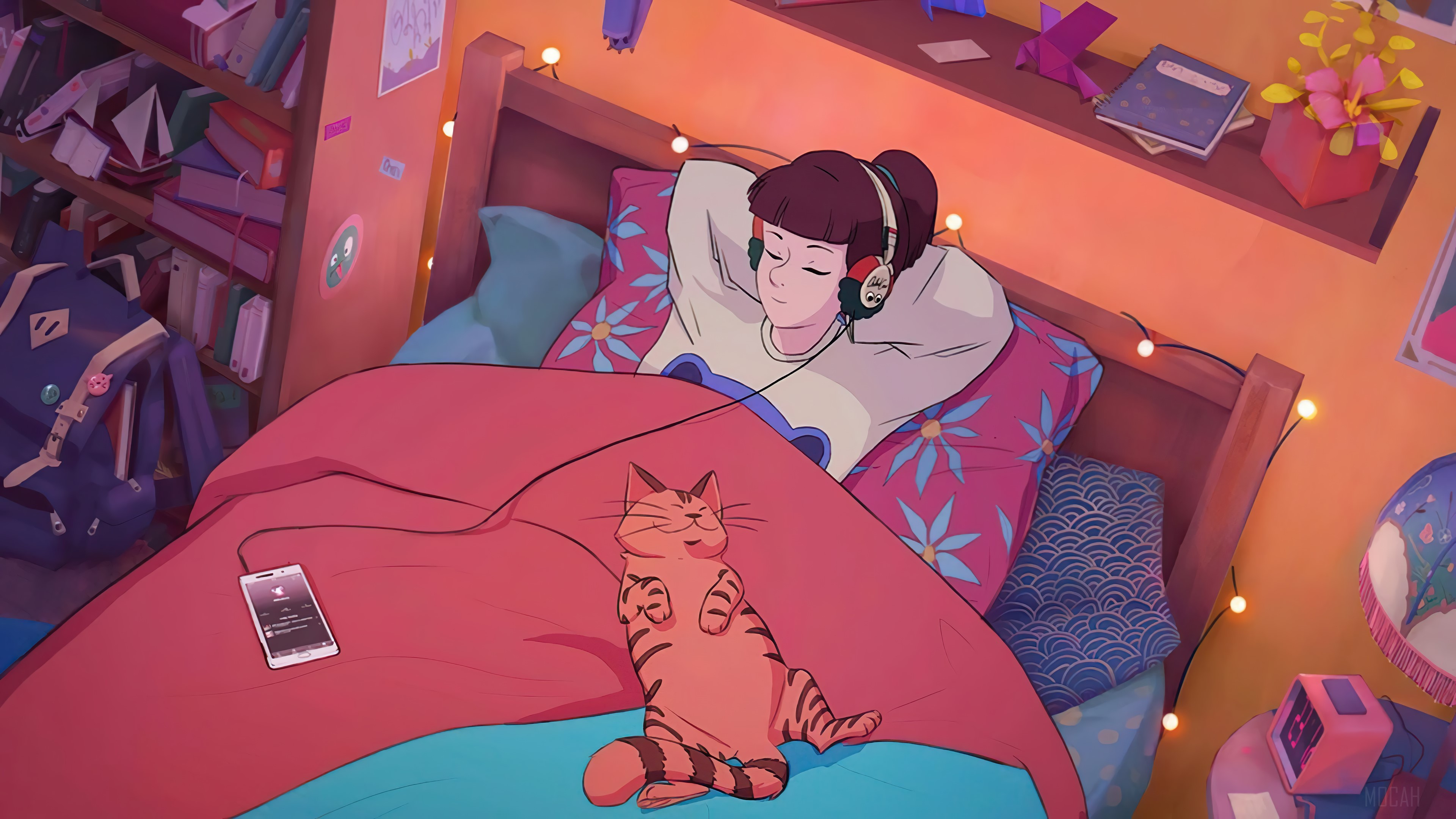 Digital Art, Lofi, Girls, Cat, Headphone, Sleeping, Hip Hop 4k Gallery HD Wallpaper