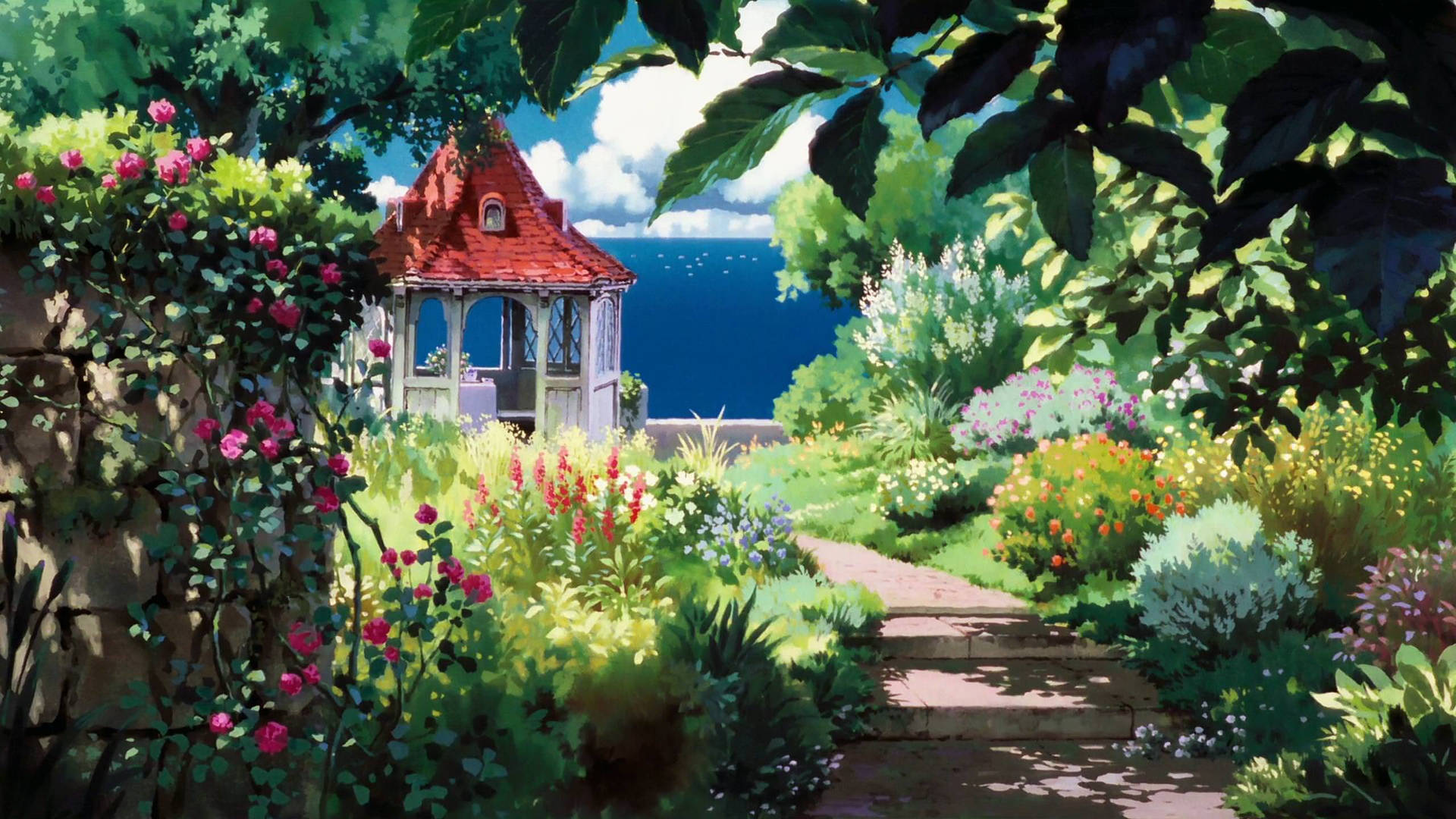 Download Studio Ghibli Scenery Gazebo In Garden Wallpaper