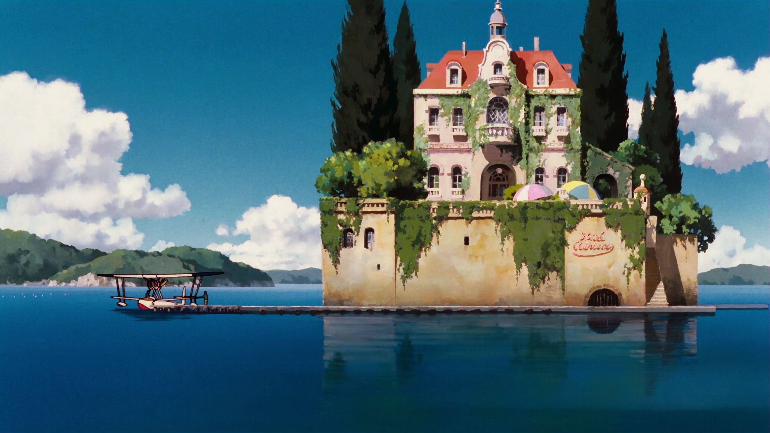 Wallpaper / island, 2K, landscape, mansions, Porco Rosso, castle, sea, anime, Studio Ghibli, water, boat, house free download