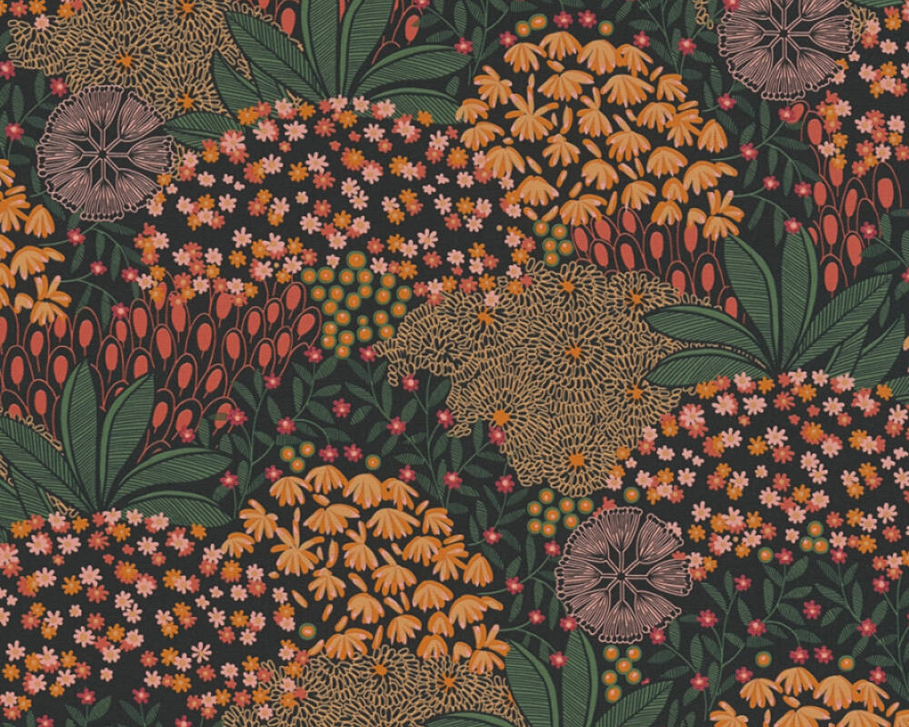 Private Walls Wallpaper «Floral, Black, Green, Orange, Red» 387403
