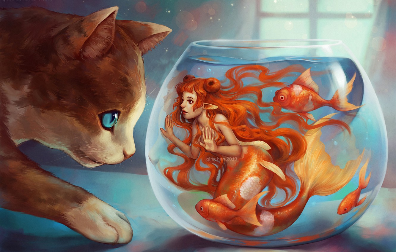Wallpaper cat, fish, mermaid, aquarium, window, art, redhead image for desktop, section разное