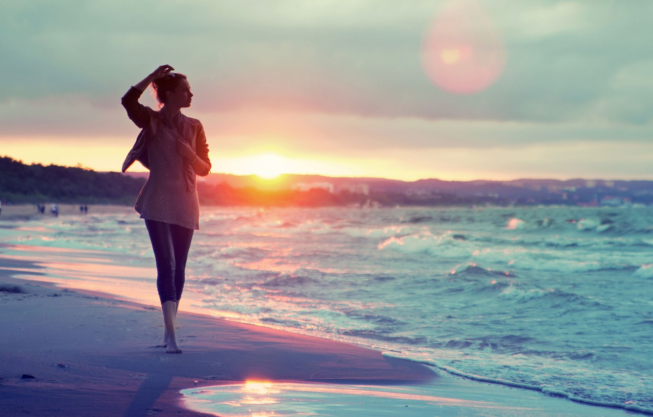 Wallpaper sand, sea, water, girl, the sun, sunset, traces, background, people, widescreen, Wallpaper, mood, wave, wallpaper, widescreen, background image for desktop, section настроения