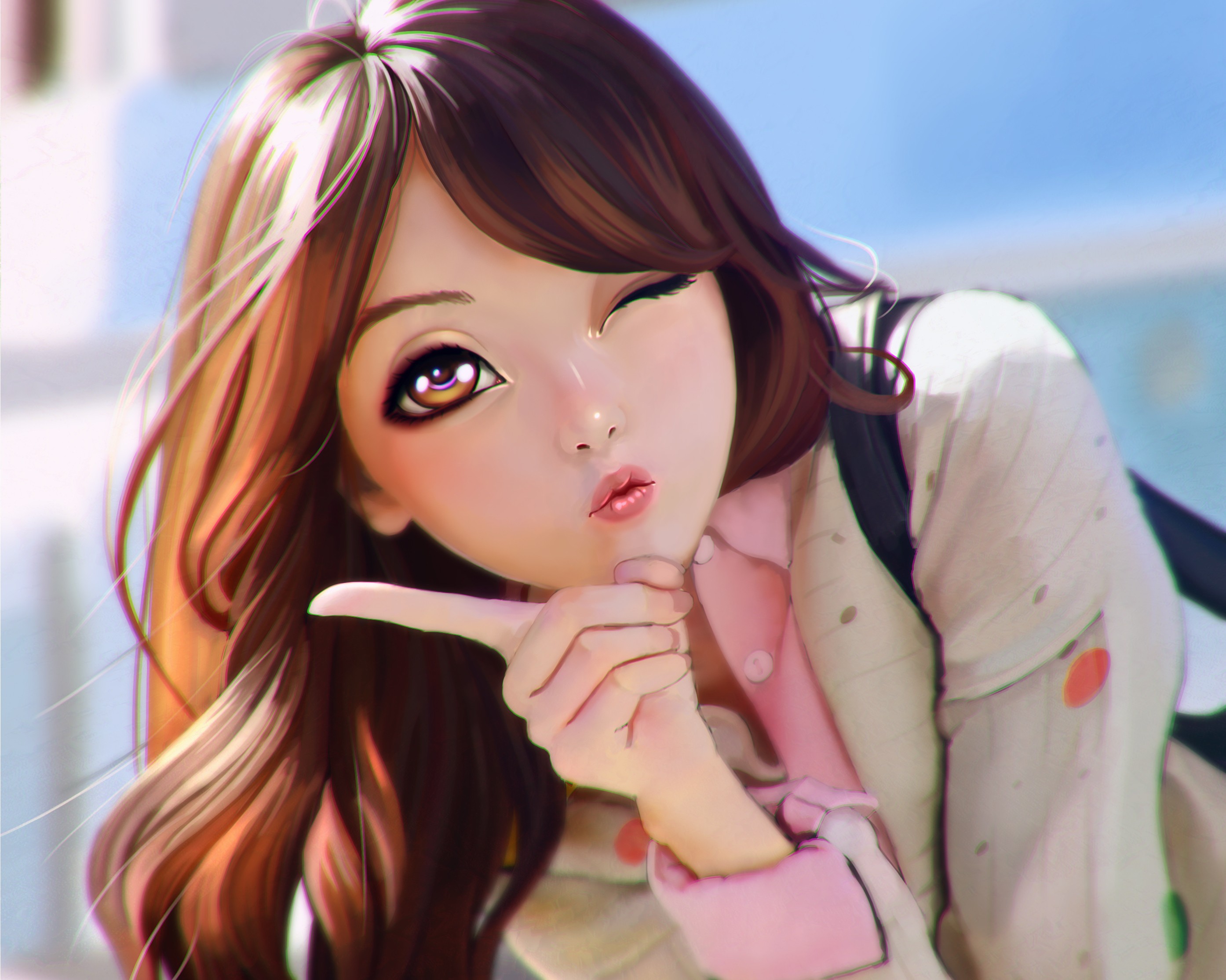 brunette, anime girls, original characters, winking Gallery HD Wallpaper