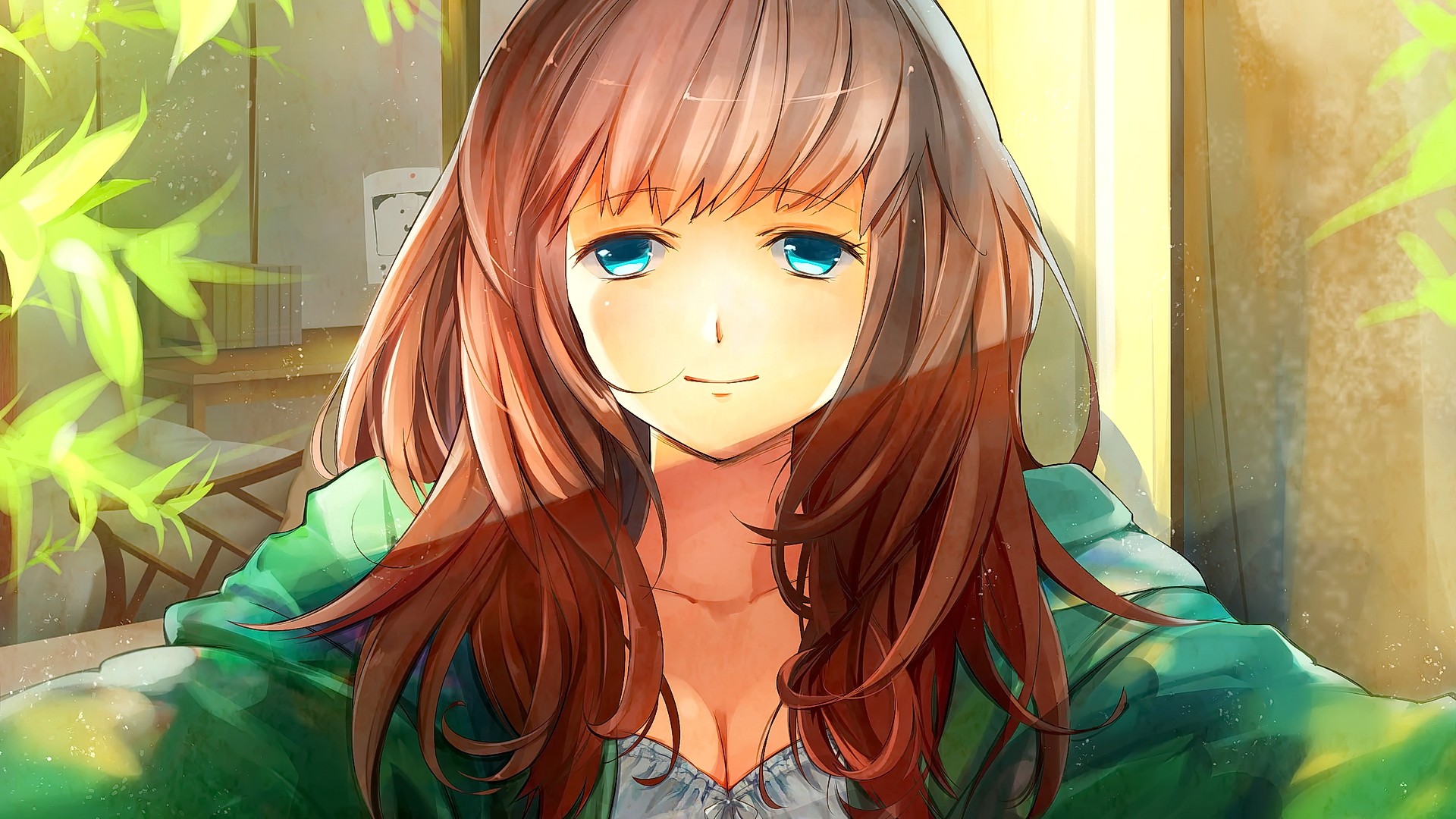 Wallpaper, long hair, anime girls, blue eyes, brunette, looking at viewer, smiling, green, Toy, color, eye, screenshot, mangaka 1920x1080