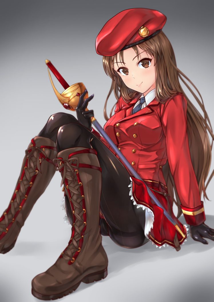 long hair, Brunette, Anime, Anime girls, Sword, Weapon, Uniform, Brown eyes HD Wallpaper / Desktop and Mobile Image & Photo