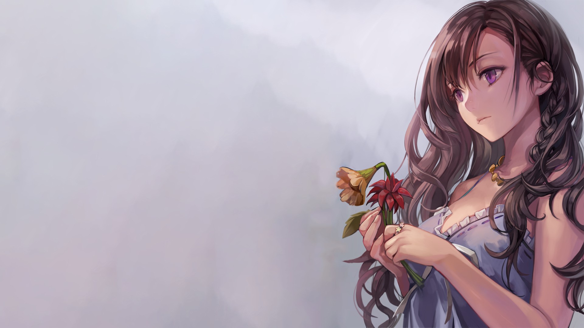 1920x1080 simple background anime girls flowers purple eyes brunette original characters long hair soft shading wallpaper JPG 197 kB
