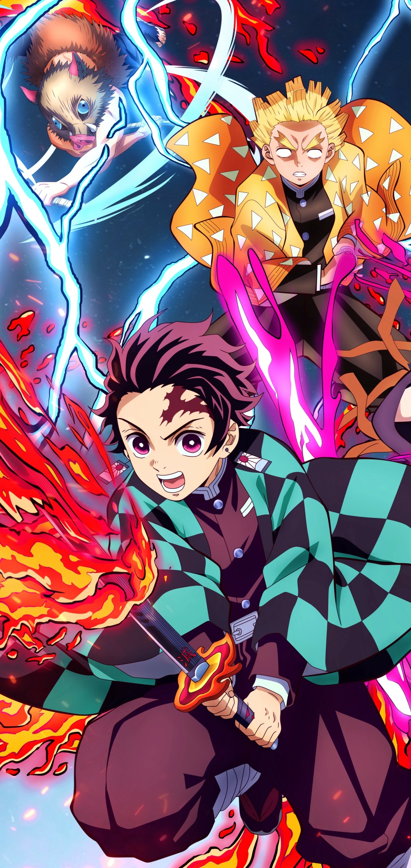 Wallpaper / Anime Demon Slayer: Kimetsu no Yaiba Phone Wallpaper, Tanjiro Kamado, Inosuke Hashibira, Zenitsu Agatsuma, Hinokami Kagura, 1440x3040 free download