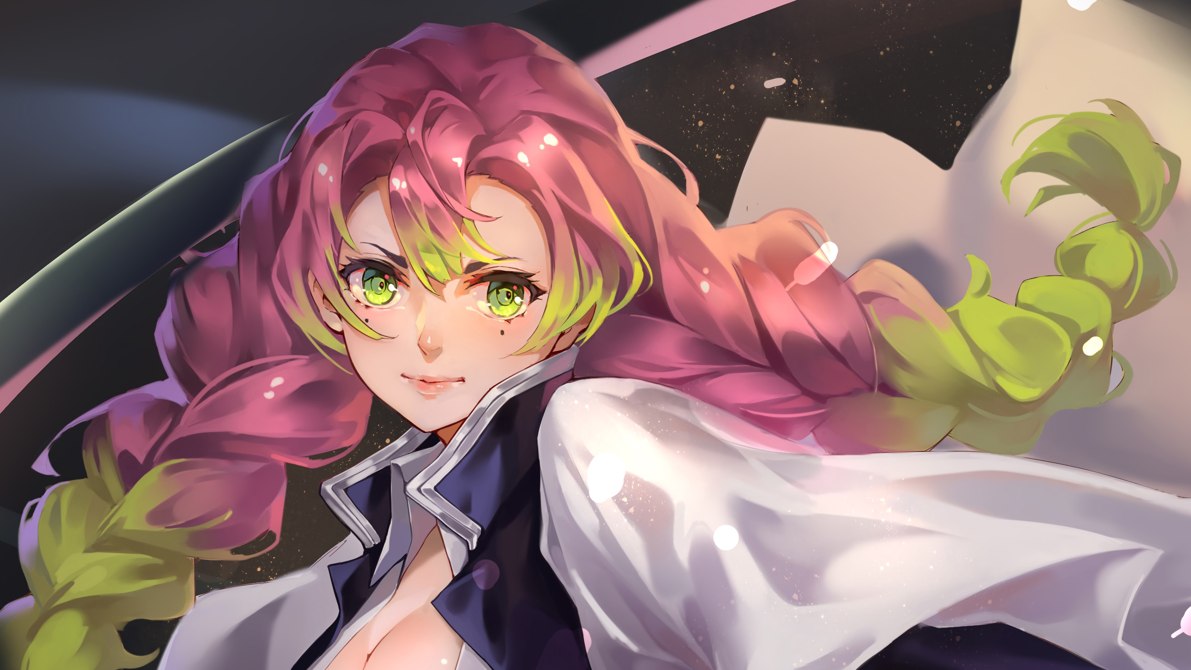 Wallpaper / Kimetsu no Yaiba, anime, Mitsuri Kanroji, cleavage, multicolored hair, green eyes, uniform, twintails, long hair free download