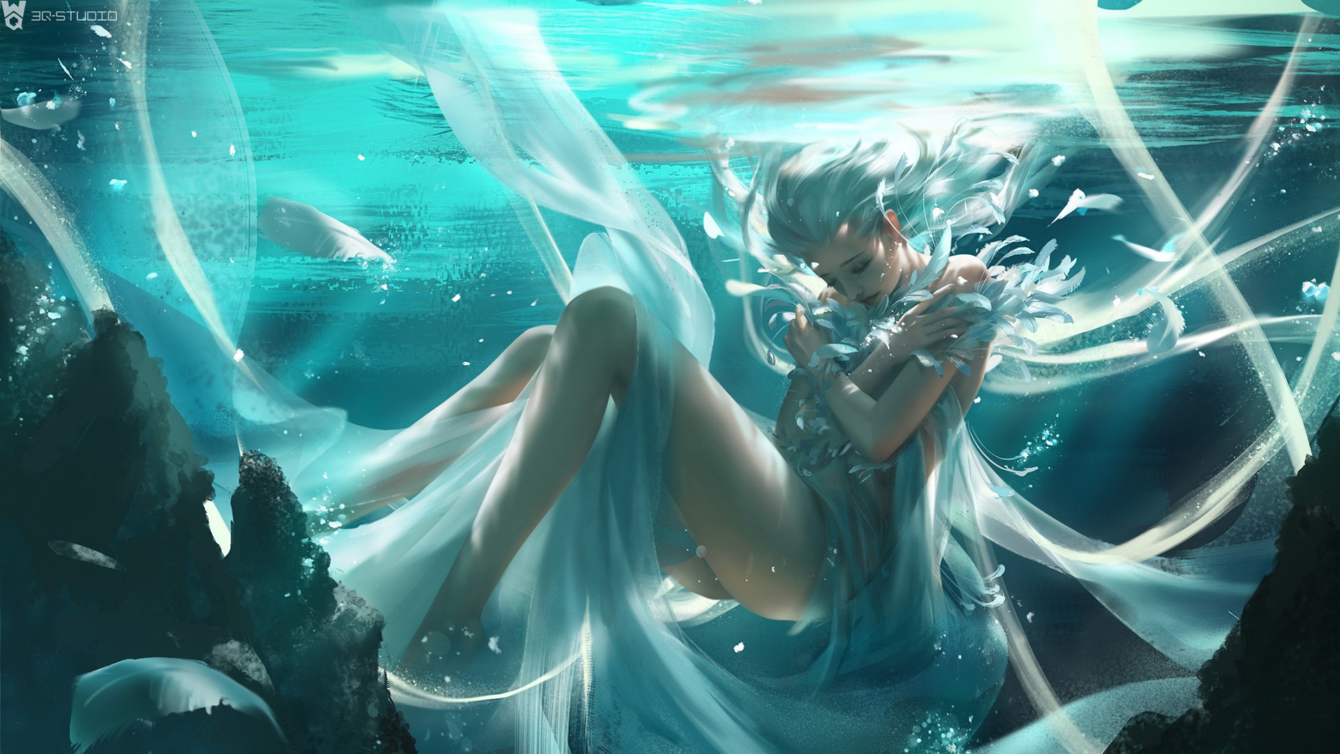 Wallpaper / fantasy art, underwater, fantasy girl, legs, turquoise, cyan free download