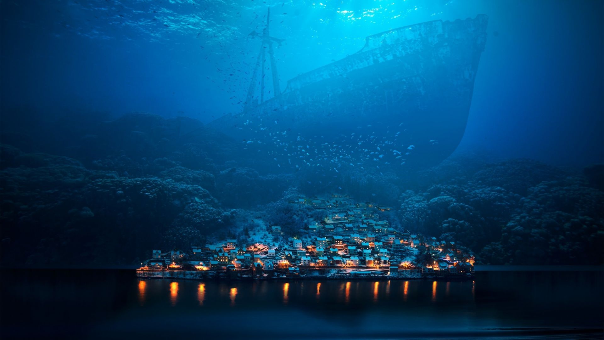 Desktop Wallpaper Fantasy, Big Ship, Underwater, City, HD Image, Picture, Background, 3e32f3