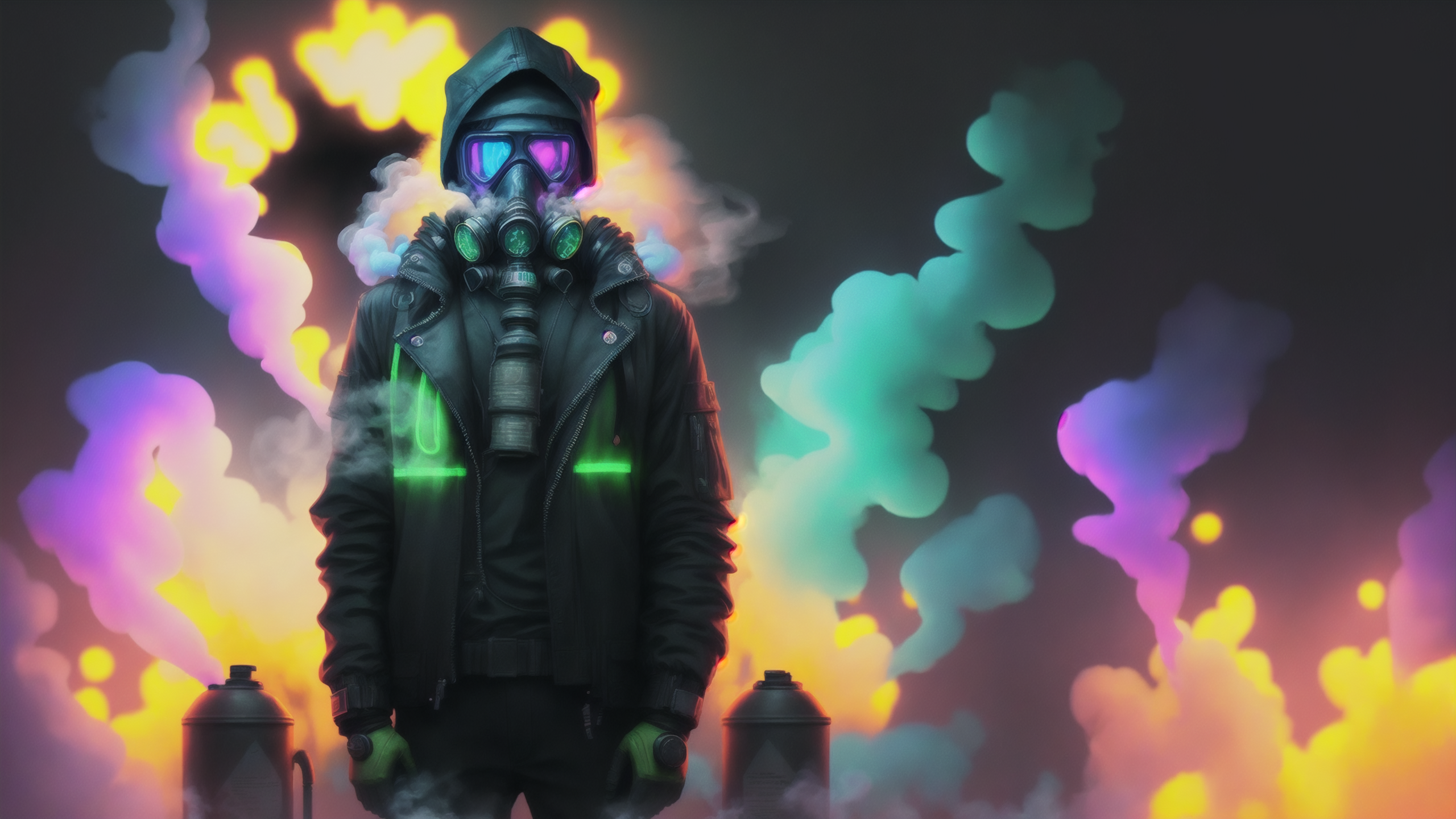 2560x1440p (2K) Wallpaper. Masked human, neon lights, colourful gas