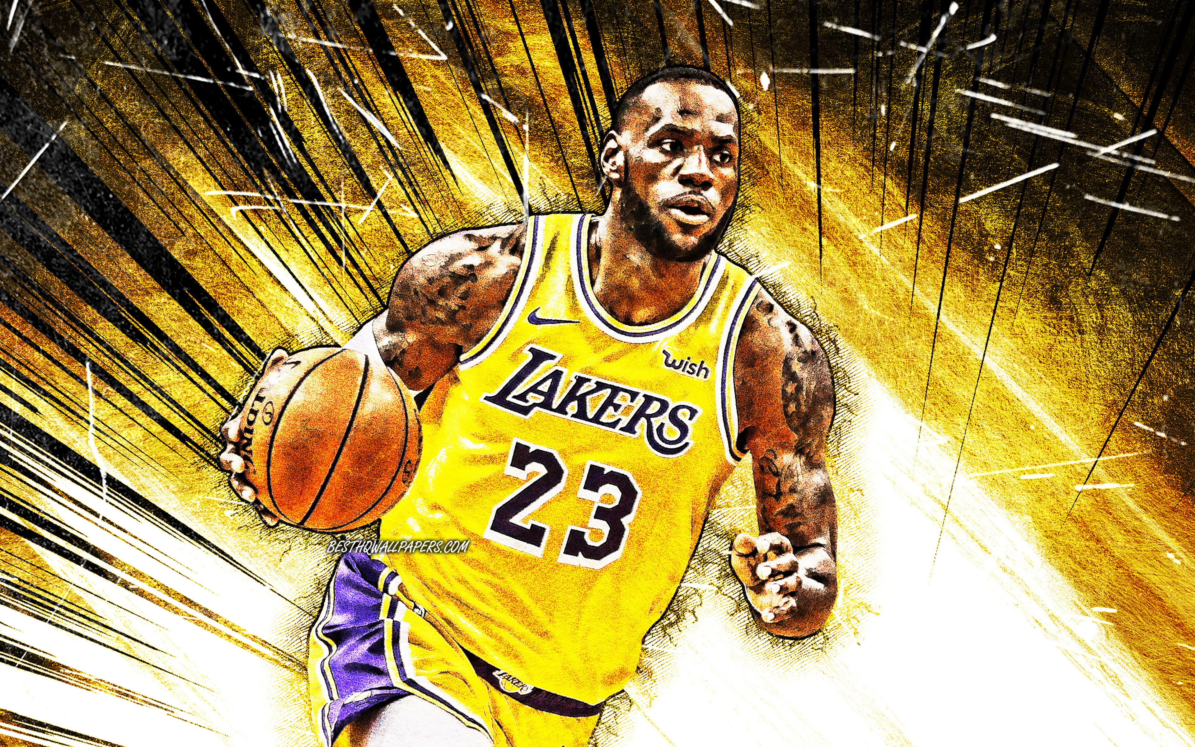 Download wallpaper LeBron James, grunge art, NBA, 4k, Los Angeles Lakers, yellow abstract rays, basketball stars, LeBron Raymone James Sr, basketball, LA Lakers, LeBron James 4K, creative, LeBron James Lakers for desktop