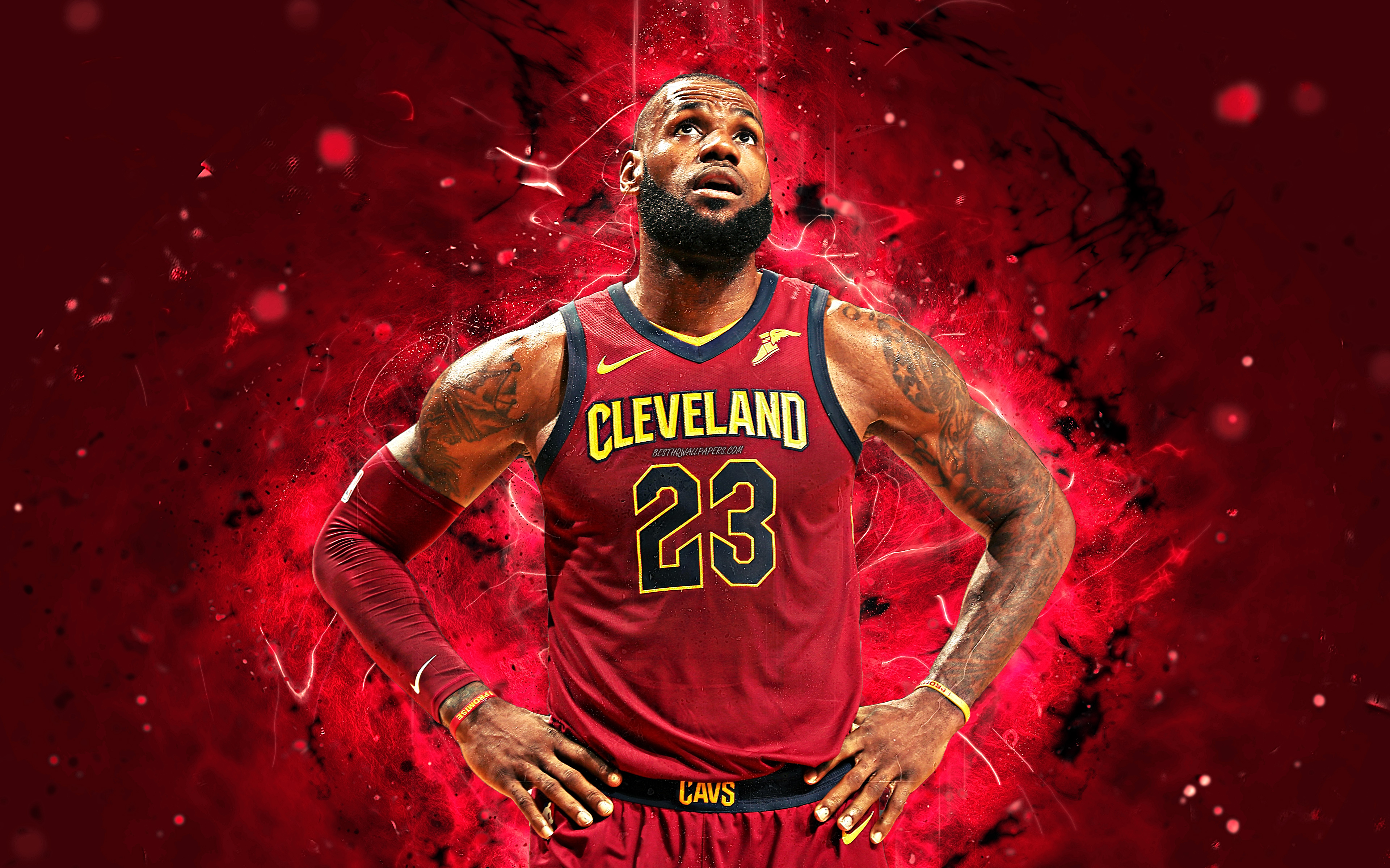 Download wallpaper LeBron James, 4k, abstract art, NBA, basketball stars, Cleveland Cavaliers, LeBron Raymone James Sr, CAVS, neon lights, basketball, creative for desktop with resolution 3840x2400. High Quality HD picture wallpaper