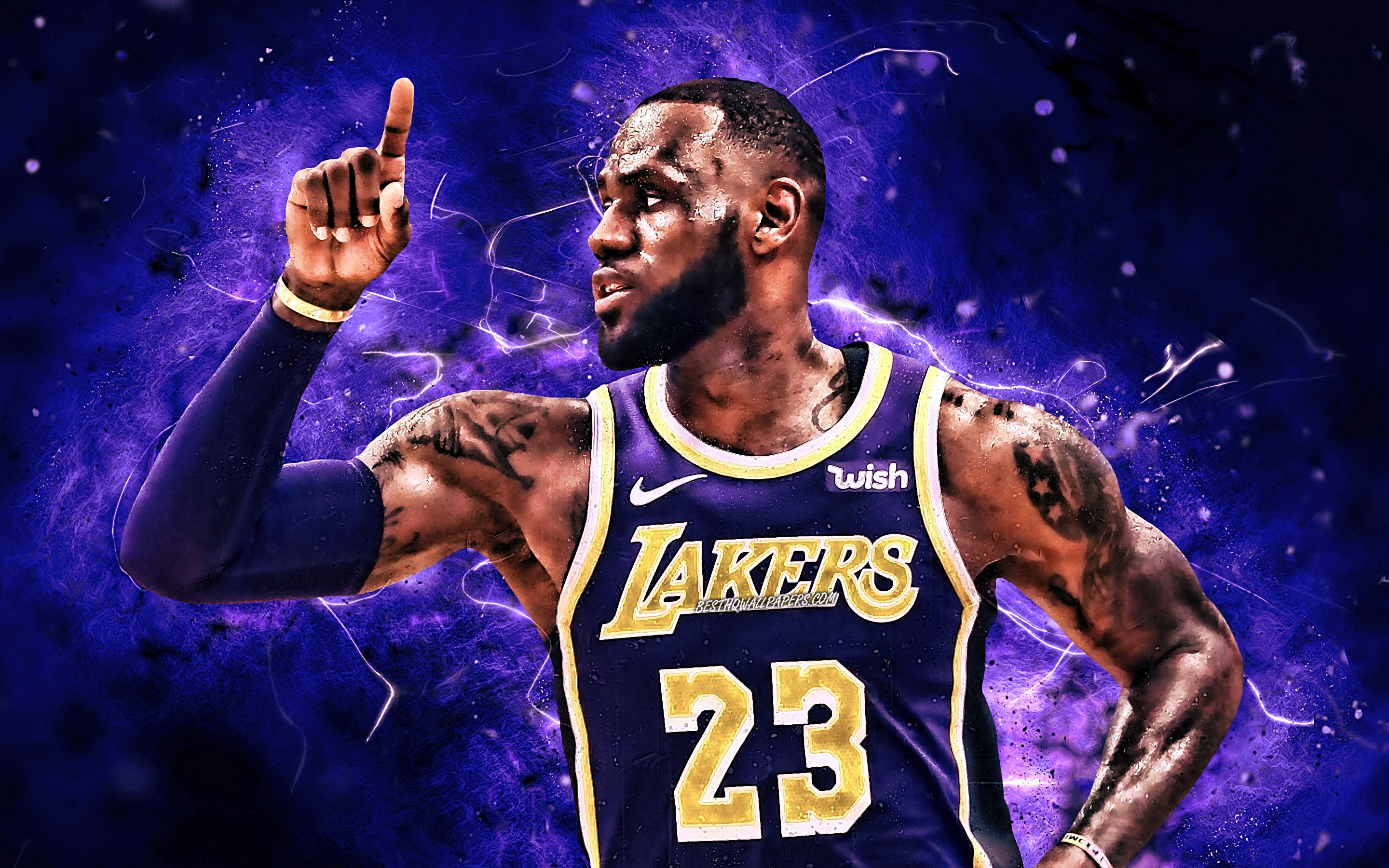 Download wallpaper LeBron James, violet uniform, NBA, Los Angeles Lakers, basketball, LeBron Raymone James Sr, neon lights, basketball stars, LA Lakers, abstract art, creative, LeBron James Lakers for desktop with resolution 2880x1800