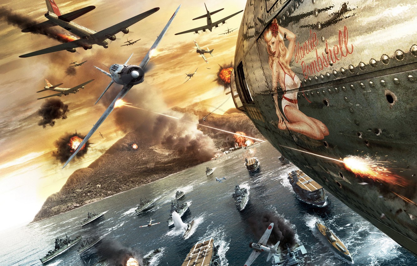 Wallpaper the ocean, fighter, the carrier, bomber, cruiser, dogfight, The Pacific ocean, sea battle, warship, battlestations pacific image for desktop, section игры