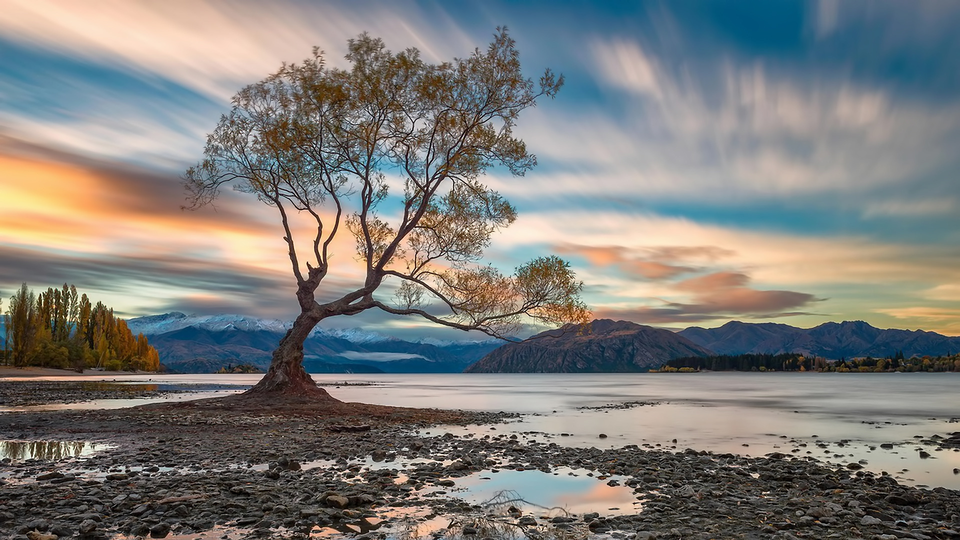 Landscape mountains lake sky clouds tree Lake Wanaka wallpaperx1080