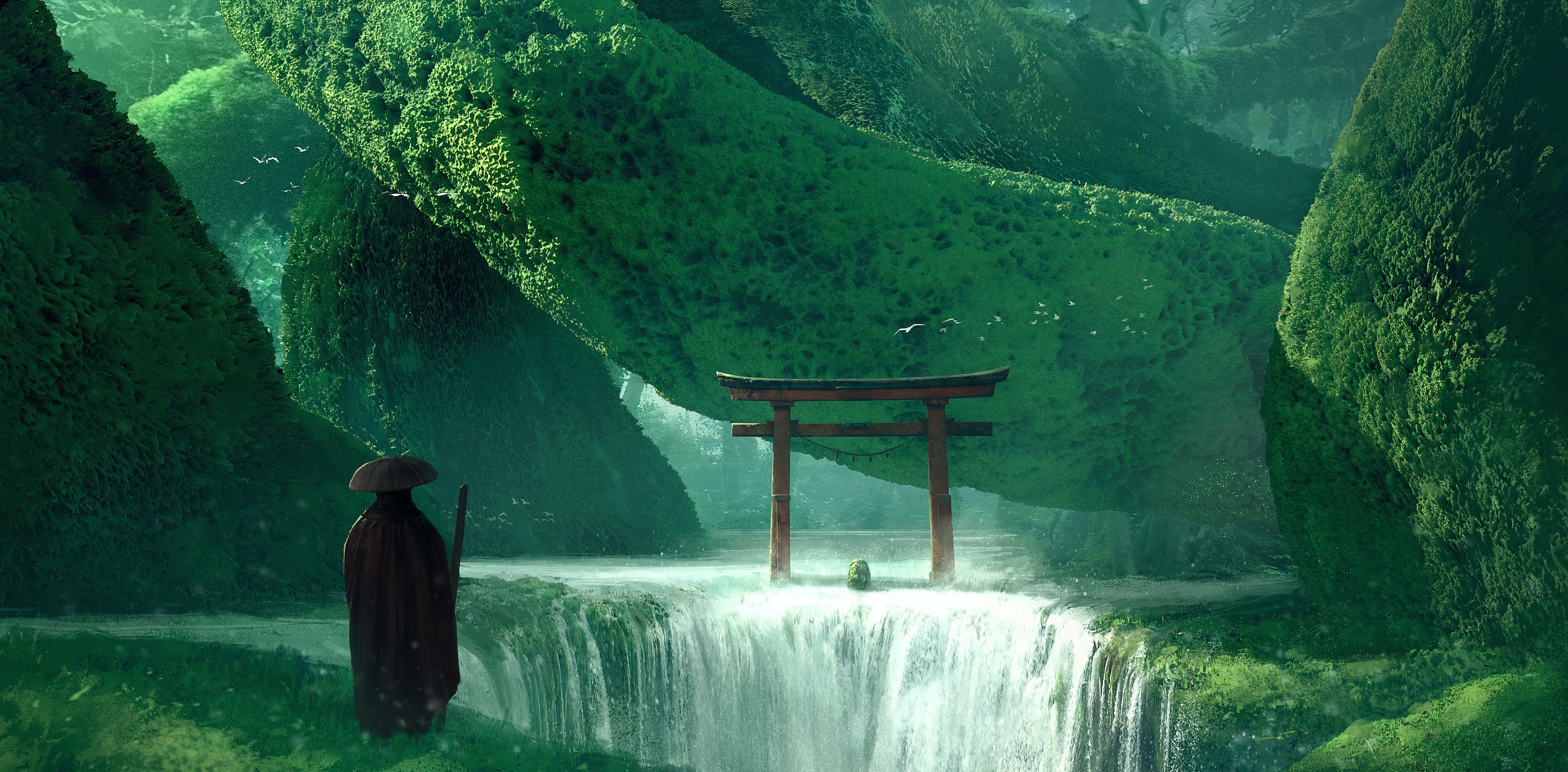 4K, nature, green, artwork, torii, waterfall, Asia, fantasy art Gallery HD Wallpaper