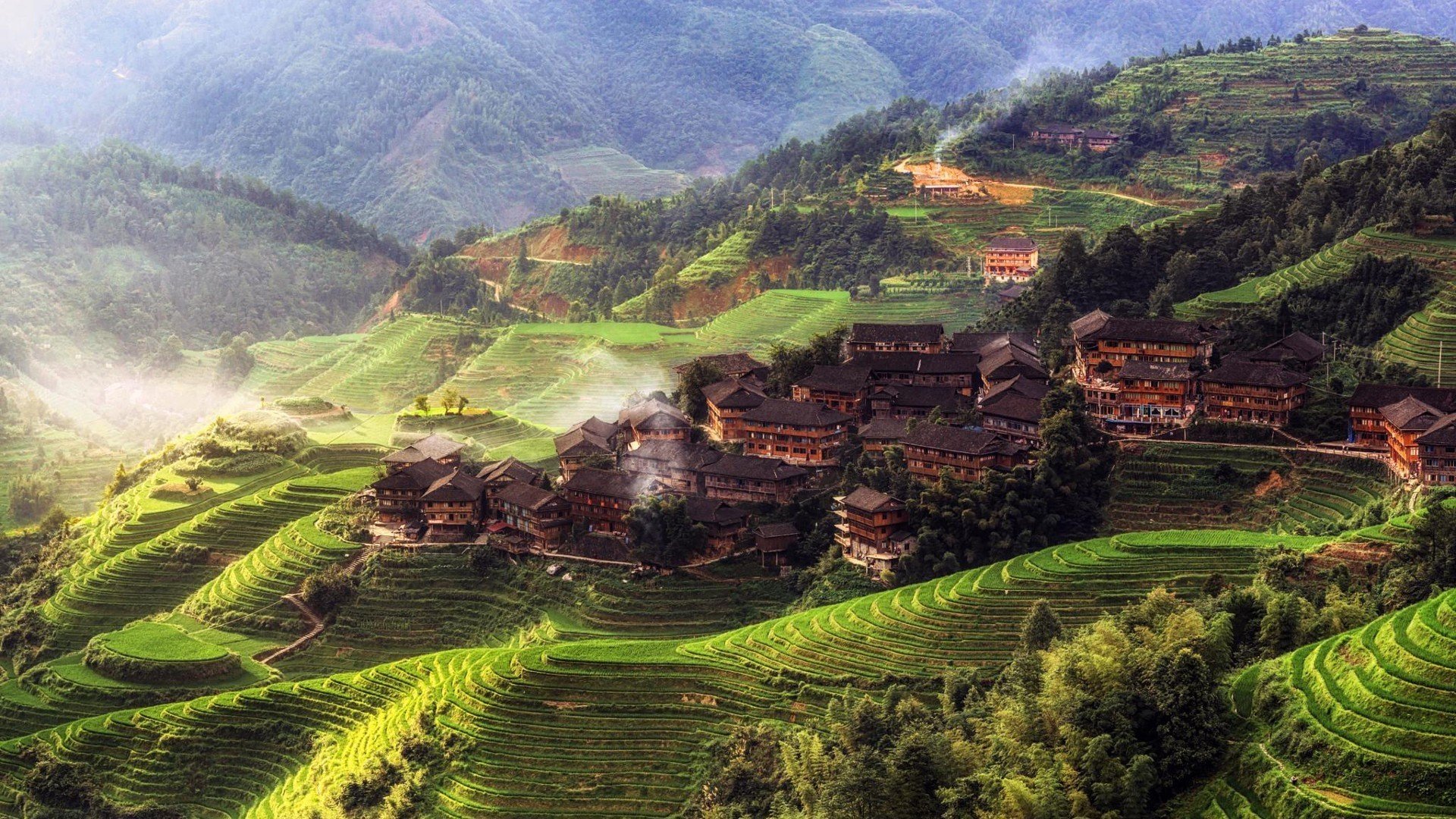 Wallpaper, 1920x1080 px, Asia, China, forest, hill, house, landscape, mist, morning, nature, rice paddy, terraced field, trees, village 1920x1080