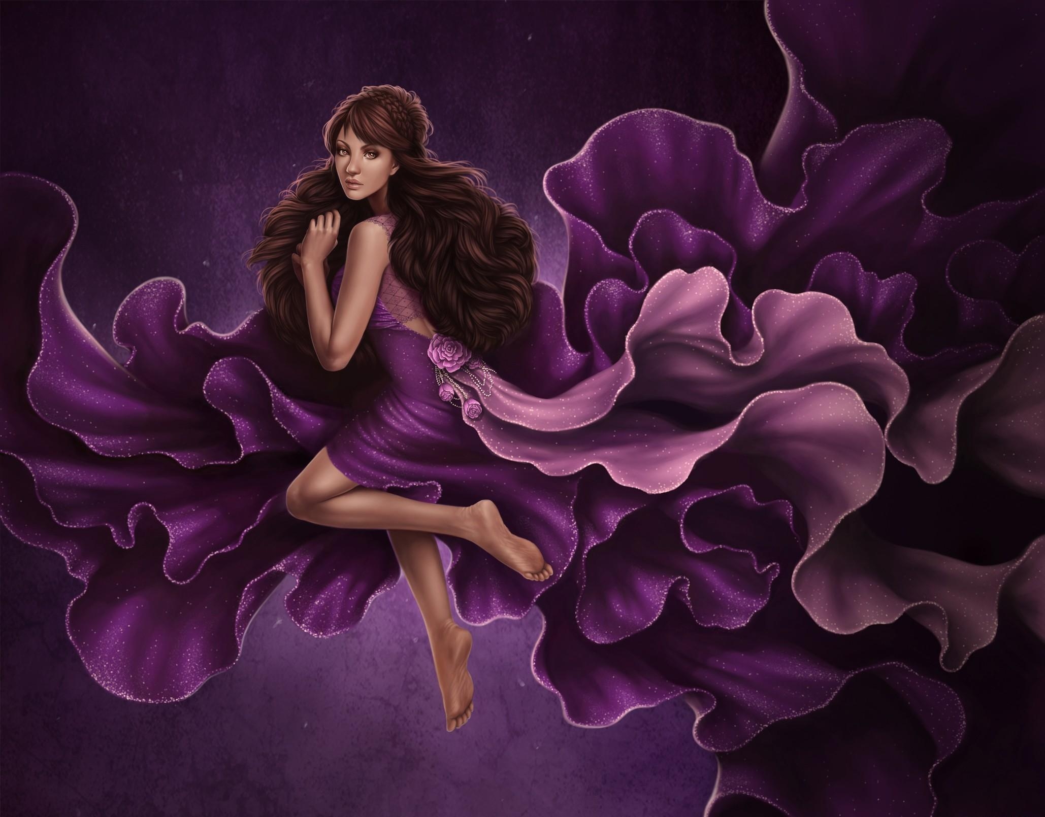 Wallpaper, illustration, barefoot, purple, dress, mythology, flower, girl, fairy, computer wallpaper, fictional character, fractal art, flounces 2058x1610