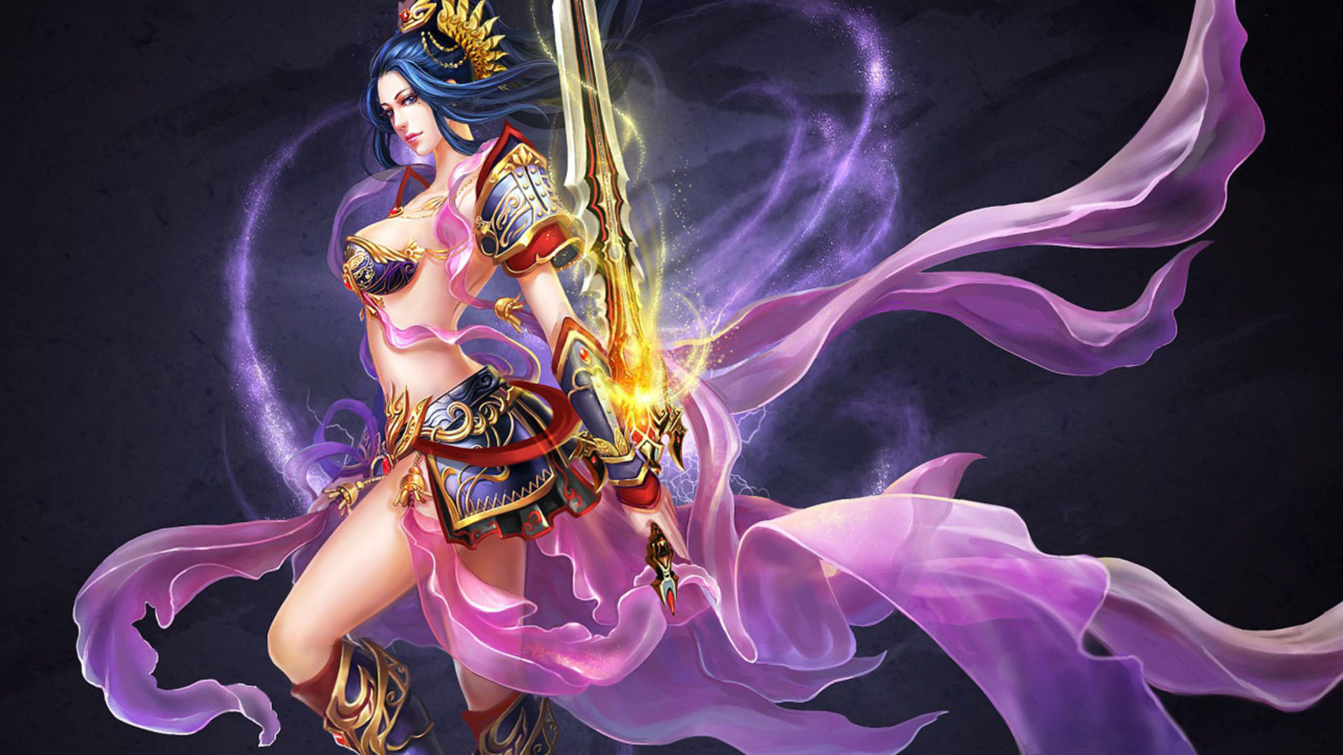 Warrior Beautiful Girl with sword armor purple dress Fantasy art Wallpaper for Desktop, Wallpaper13.com