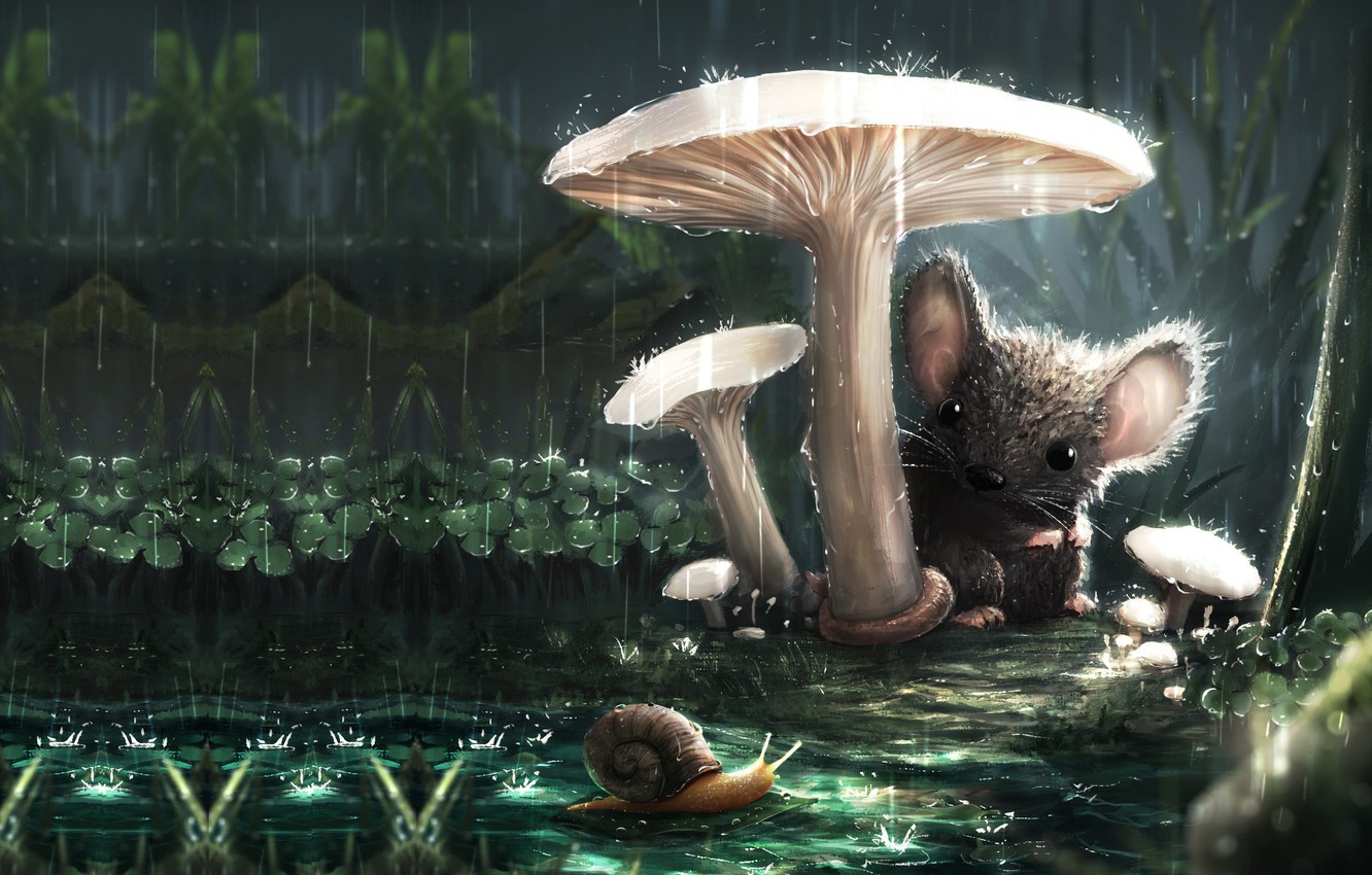 Wallpaper the rain, summer, mushroom, snail, mouse, art, friends, children's, familiarity, Sebastian Montecinos, A new friend image for desktop, section кодомо