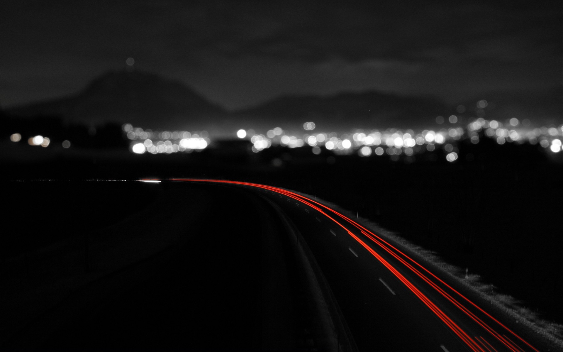Wallpaper, city, night, road, long exposure, light trails, dusk, line, darkness, computer wallpaper, black and white, monochrome photography 1920x1200