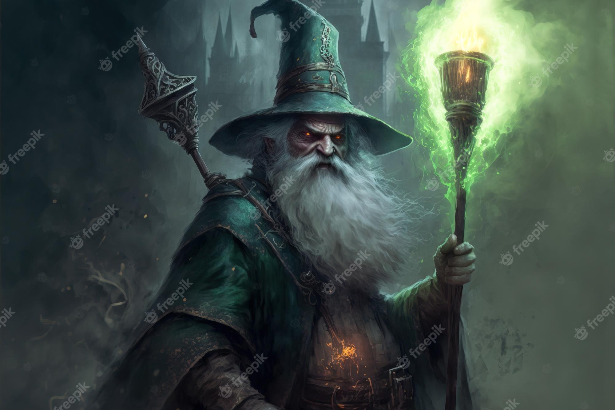 Premium Photo. Evil wizard in a hat and a staff with green fire on the background of the castle