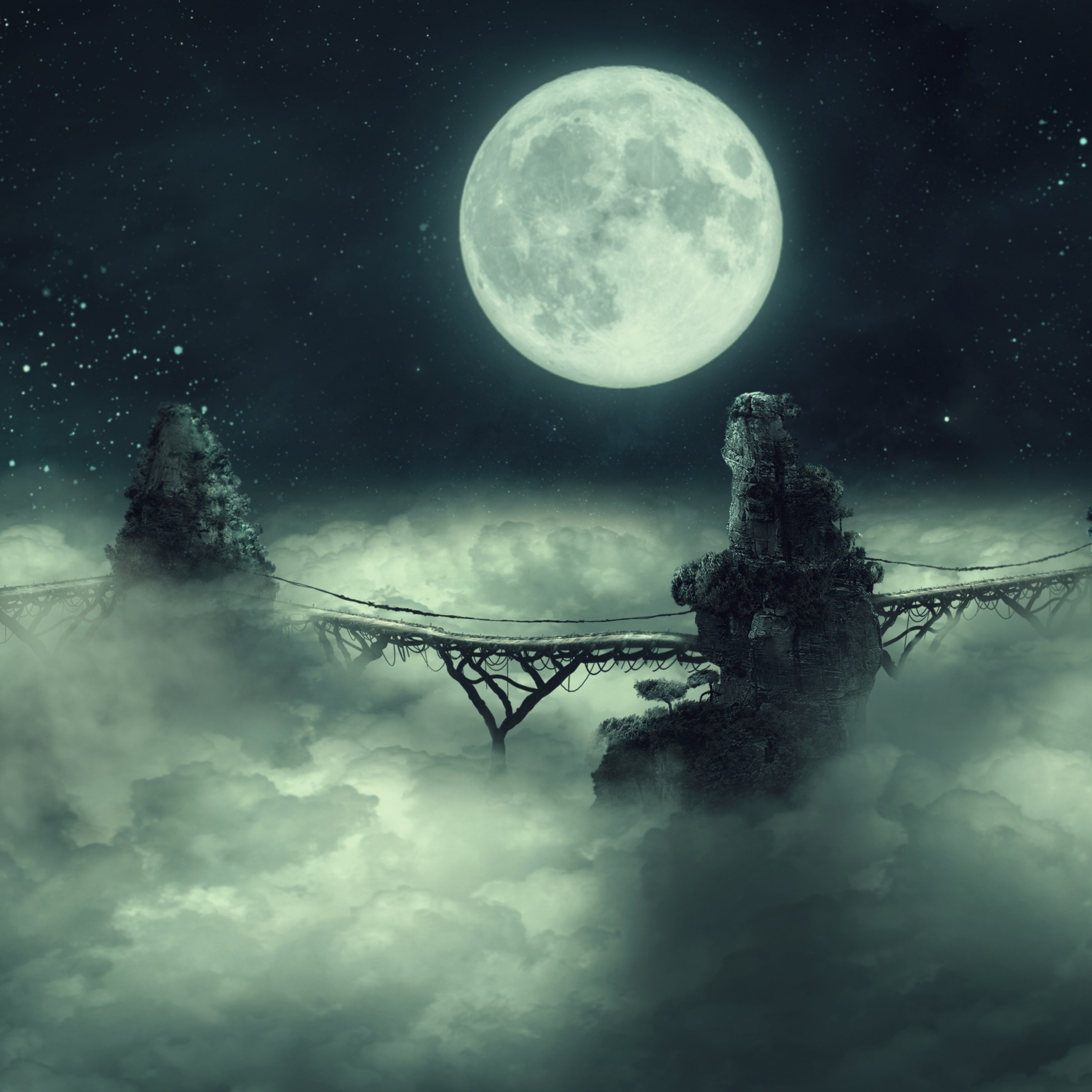 Full moon Wallpaper 4K, Dark Sky, Clouds, Fantasy