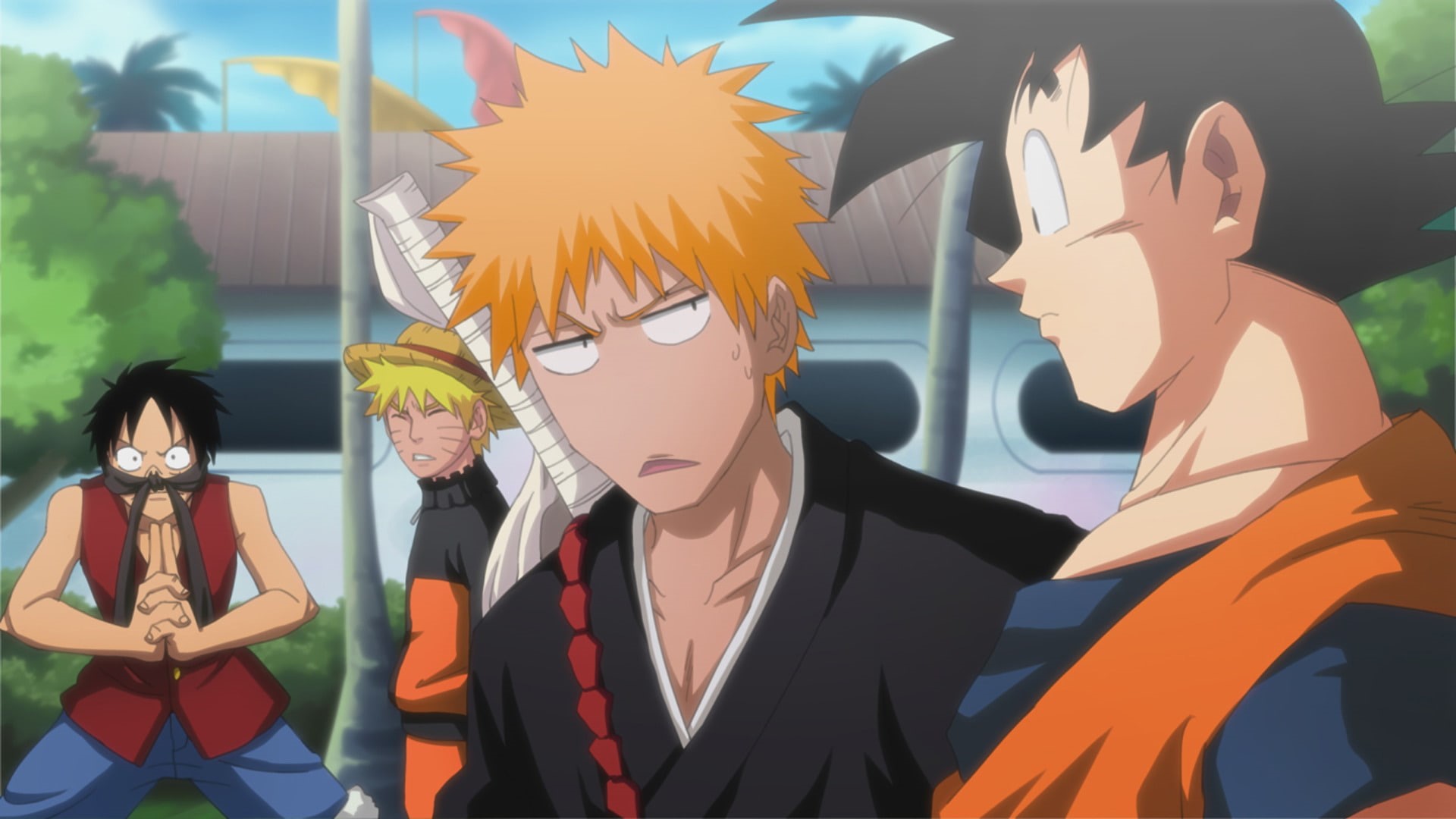 Wallpaper / Naruto, Monkey D. Luffy, Naruto Uzumaki, Dragon Ball Z, One Piece, 1080P, Dragon Ball, Crossover, Goku, Ichigo Kurosaki, Anime, Bleach free download