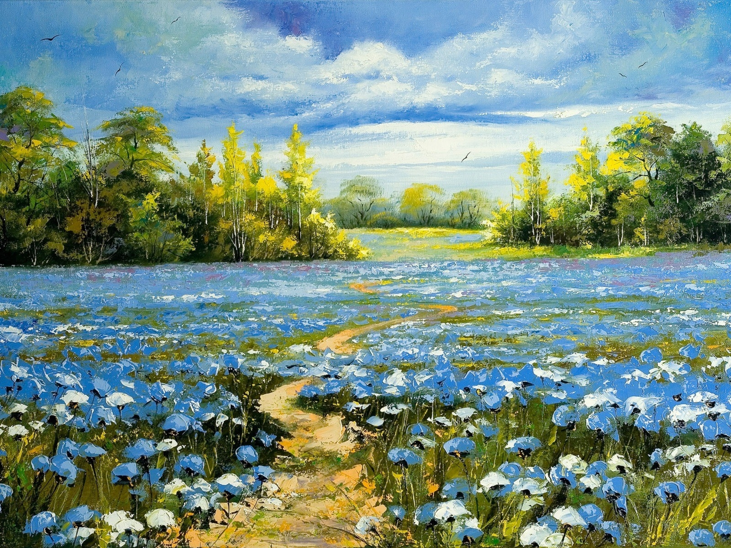 Nice Blue Flower Field Paint desktop PC and Mac wallpaper