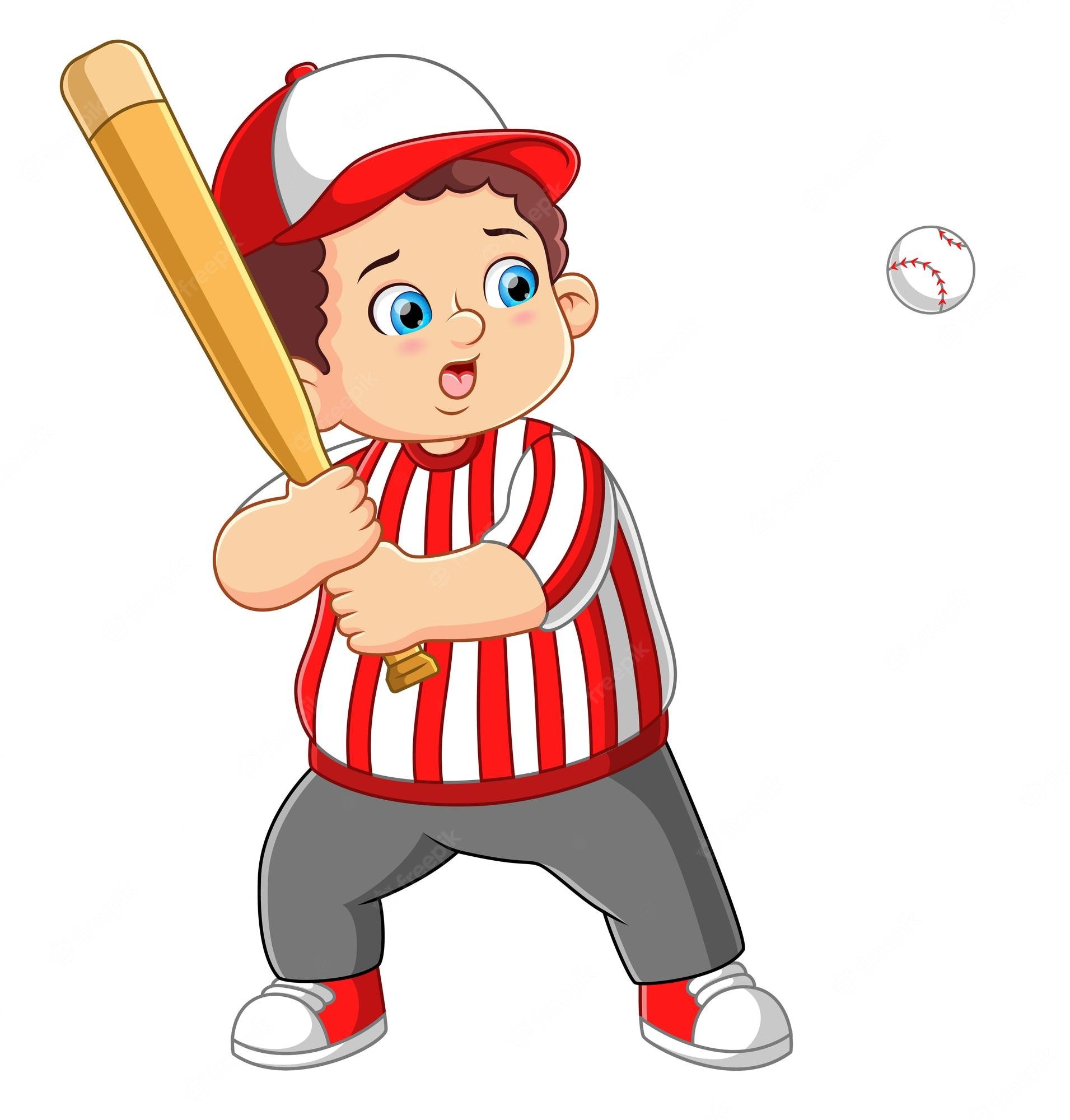 Premium Vector. Young boy hitting the ball in a youth baseball game