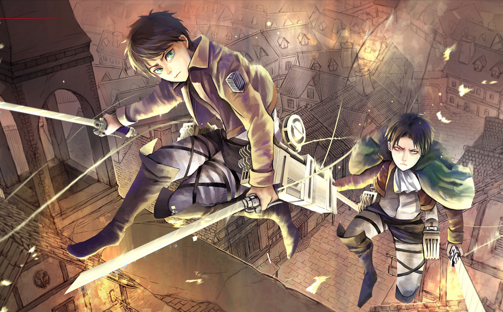 Wallpaper, anime, Shingeki no Kyojin, ART, screenshot, attack on titan, eren jaeger, rivaille, levi 1923x1193