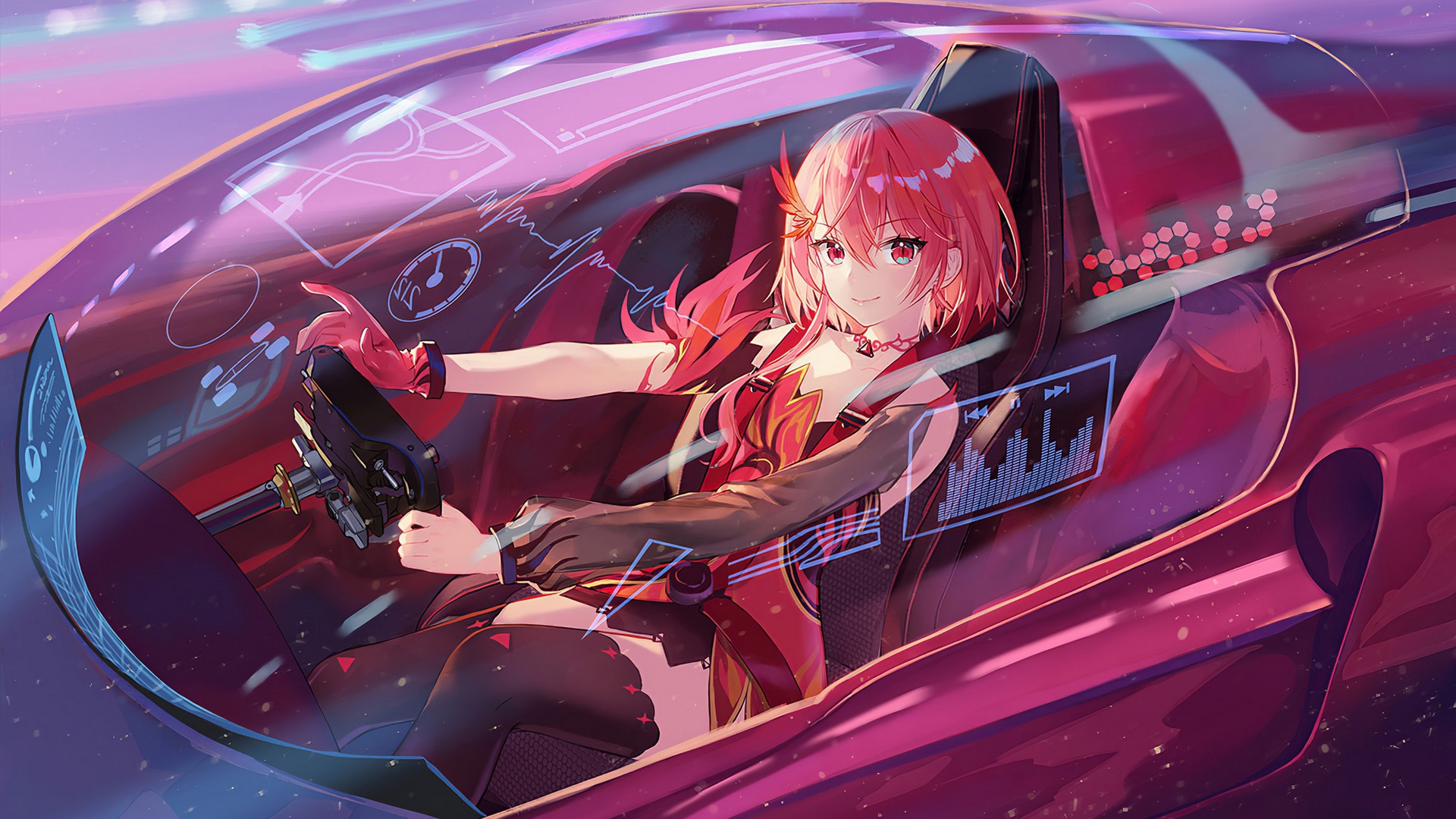 Wallpaper / racing, anime, anime girls, car, vehicle, redhead, red eyes free download