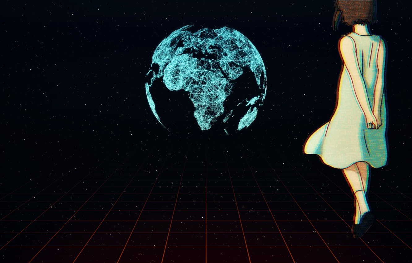 Wallpaper girl, anime, serial experiments lain, stars, planet, lain, unknown, my project, octarine image for desktop, section арт