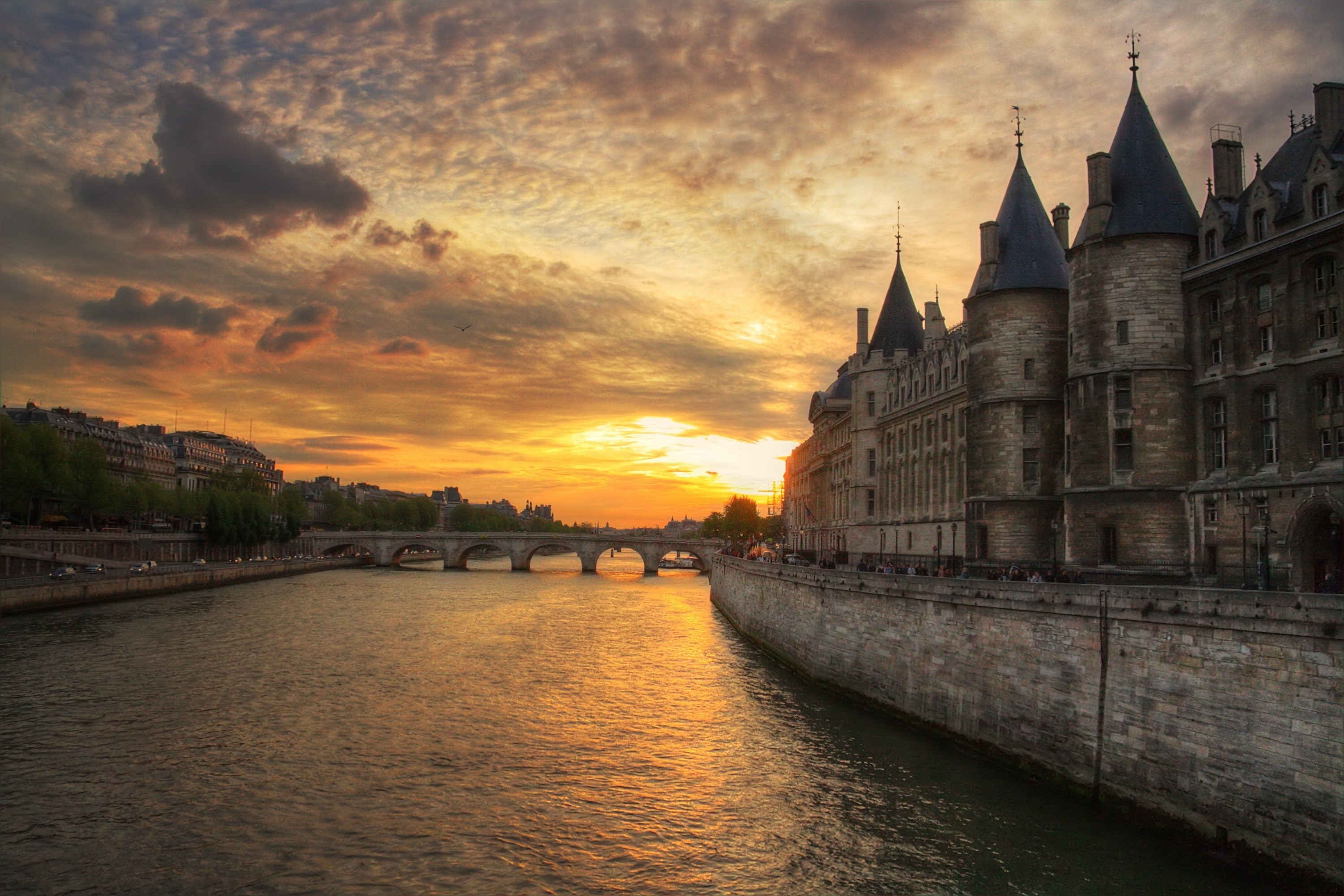 Wallpaper, sunset, cityscape, reflection, evening, morning, bridge, river, old building, Paris, dusk, canal, dawn, 3000x2000 px, waterway 3000x2000