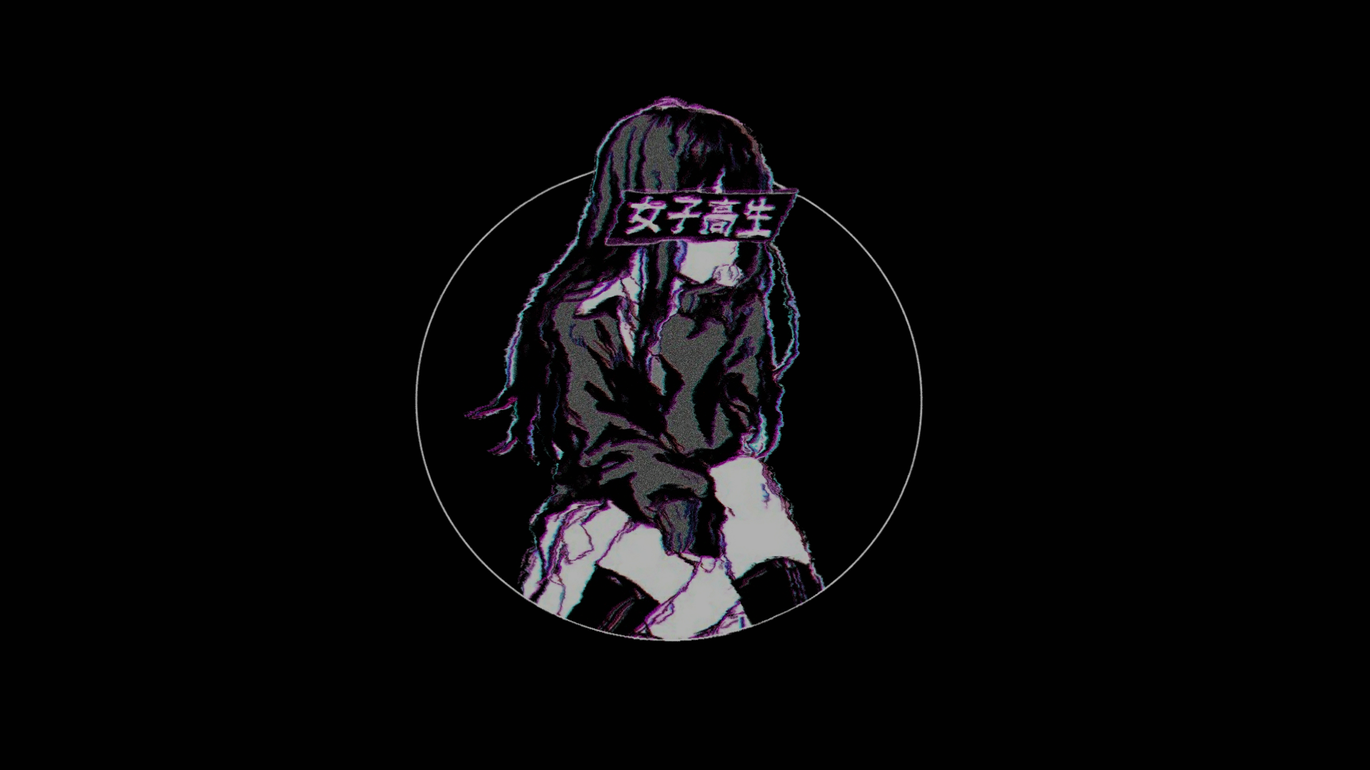 Wallpaper / black background, chromatic aberration, kanji, anime, circle, anime girls free download