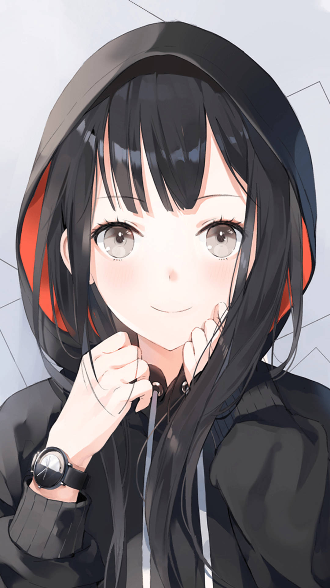 Anime Girls Anime Hoods Black Hair Watch Jacket Vertical Wallpaper:1080x1920
