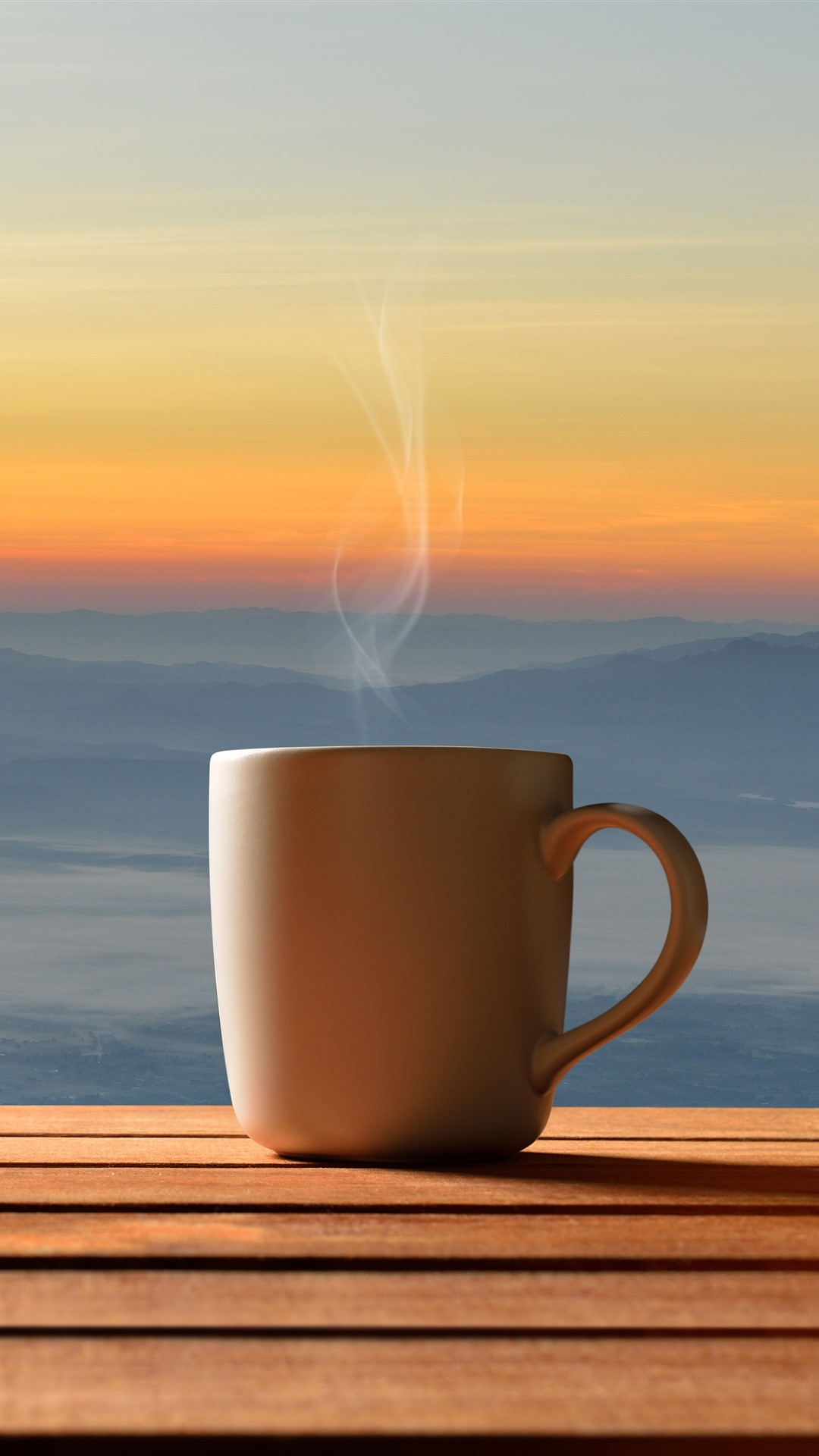 Mug, Coffee, Wood Board, Steam, Sunset 1242x2688 IPhone 11 Pro XS Max Wallpaper, Background, Picture, Image