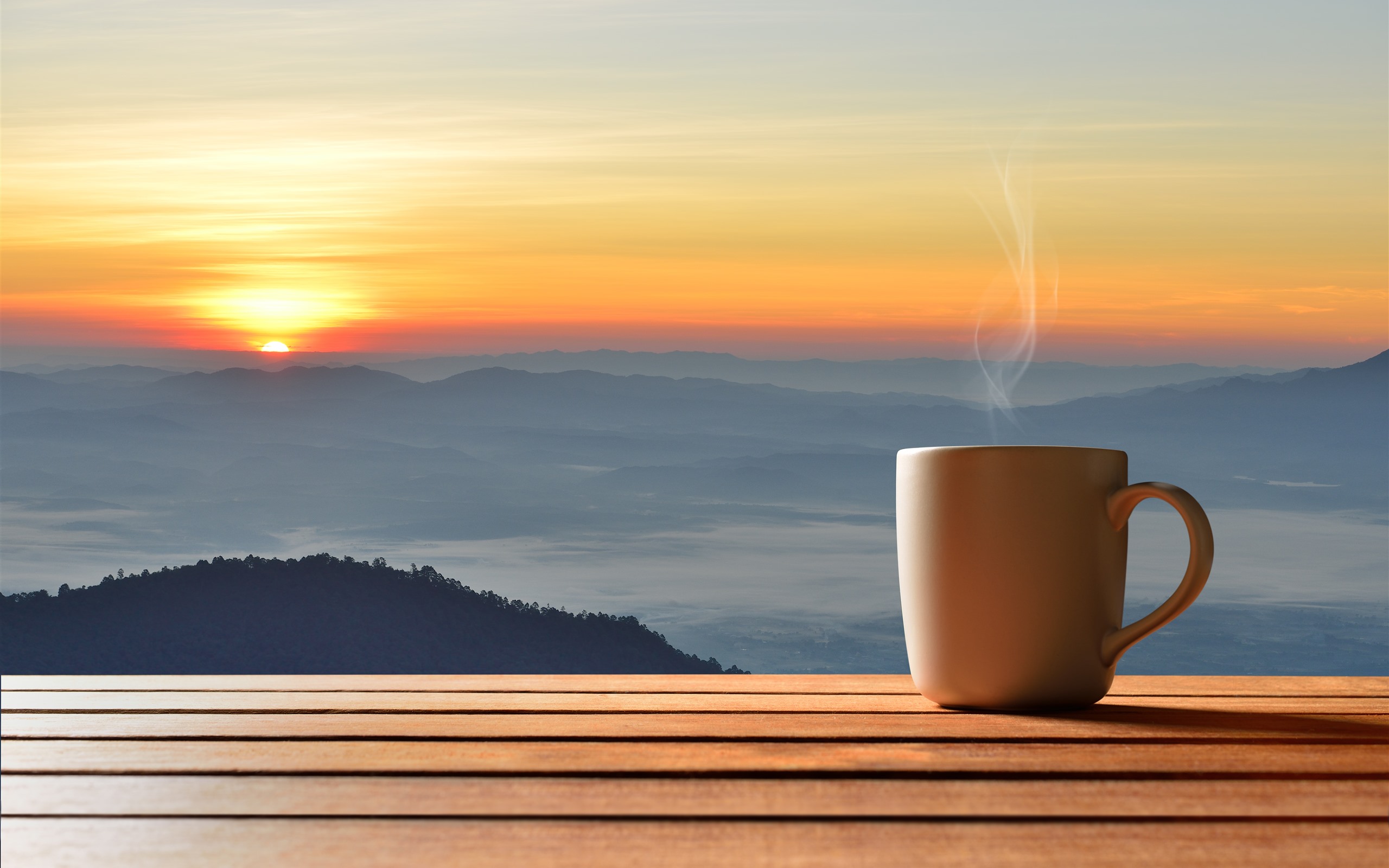 Wallpaper Mug, coffee, wood board, steam, sunset 5120x2880 UHD 5K Picture, Image