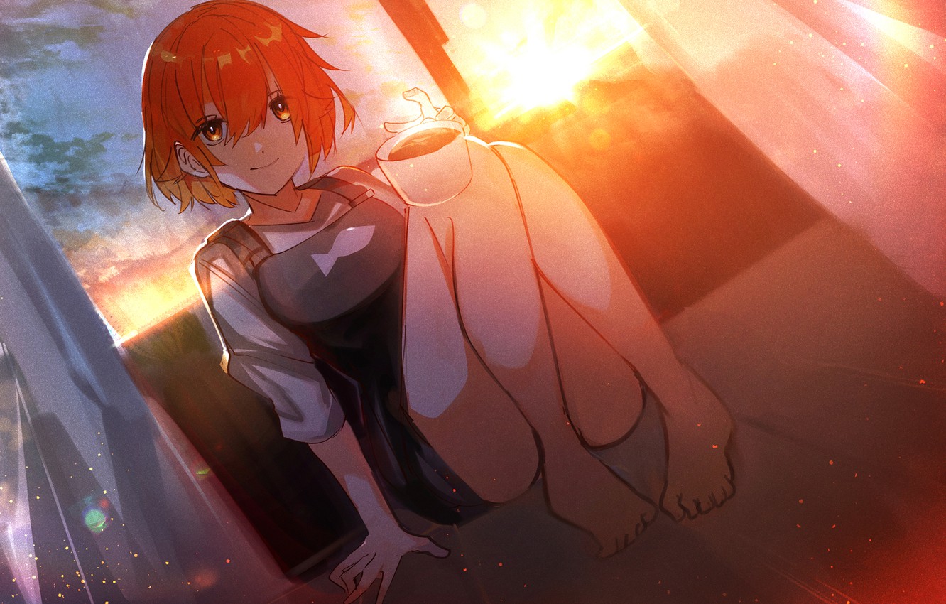 Wallpaper girl, sunset, coffee, window, sitting image for desktop, section арт