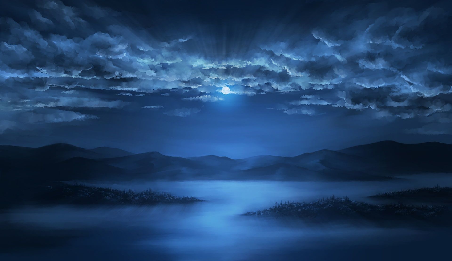 anime landscape #night #moon #clouds #sky #lake #artwork #Anime P # wallpaper #hdwallpaper #desktop. Lake artwork, Anime scenery, Scenery background