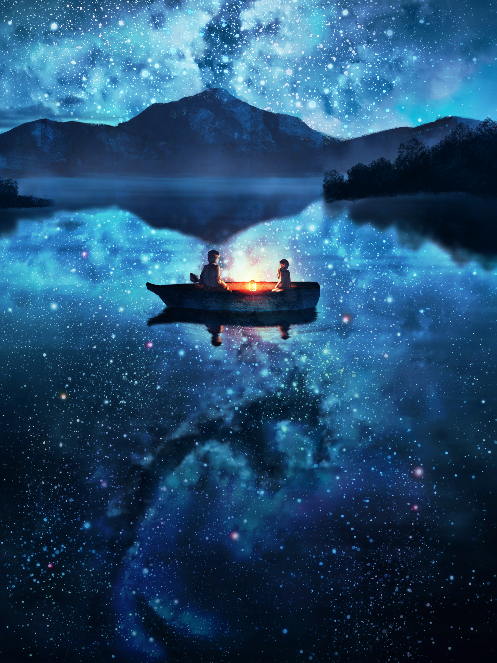 Mobile wallpaper: Anime, Night, Lake, Boat, Scenic, 1428780 download the picture for free